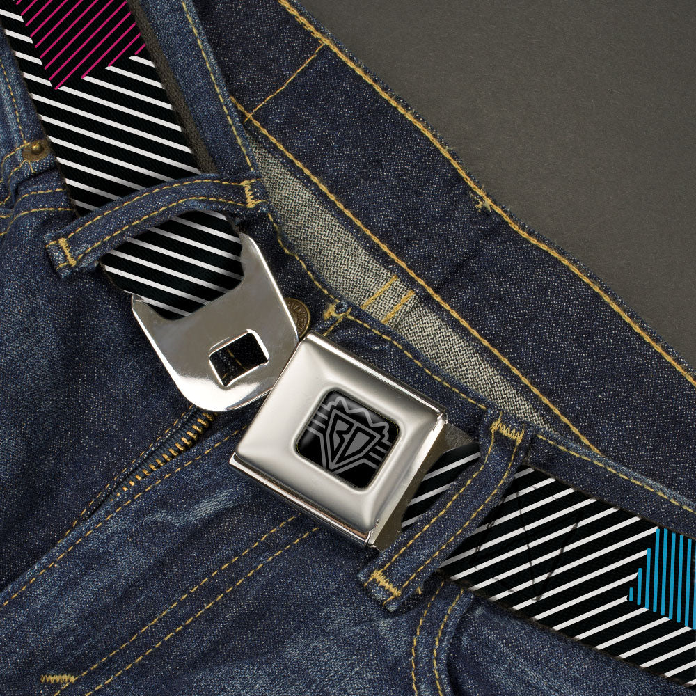 BD Wings Logo CLOSE-UP Black/Silver Seatbelt Belt - Hash Mark Stripe Black/Multi Color Webbing Seatbelt Belts Buckle-Down