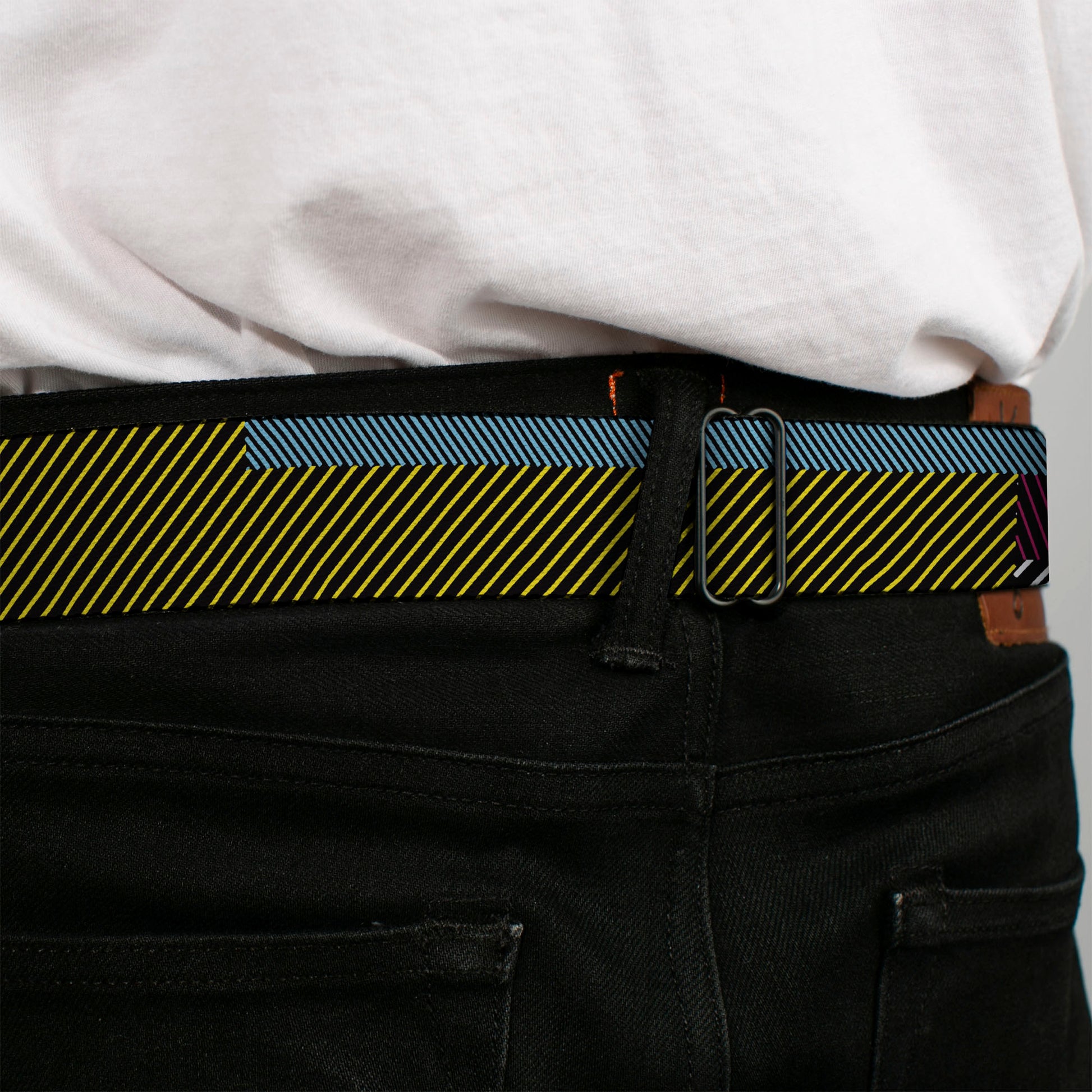 BD Wings Logo CLOSE-UP Black/Silver Seatbelt Belt - Hash Mark Stripe Black/Multi Color Webbing Seatbelt Belts Buckle-Down