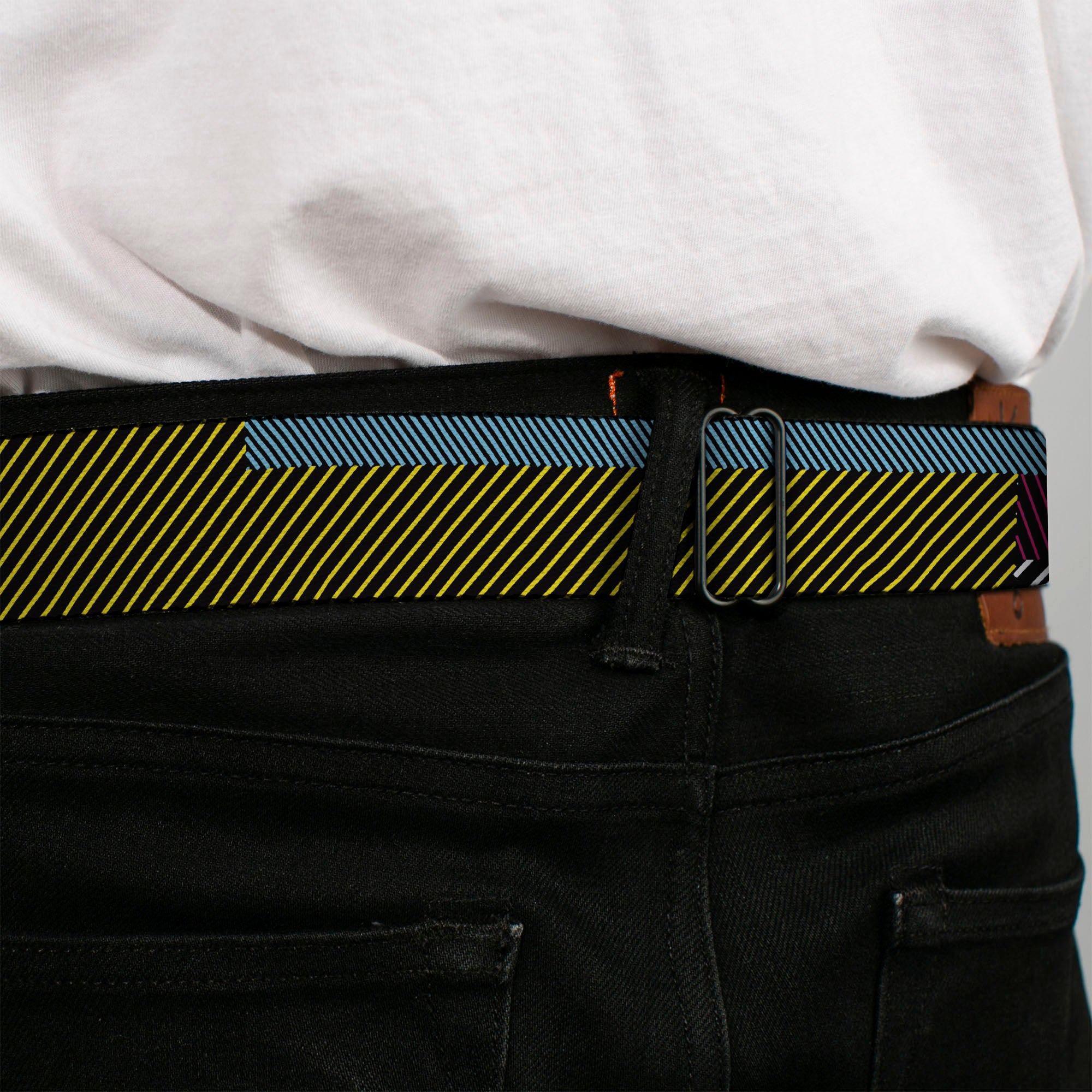 BD Wings Logo CLOSE-UP Black/Silver Seatbelt Belt - Hash Mark Stripe Black/Multi Color Webbing Seatbelt Belts Buckle-Down