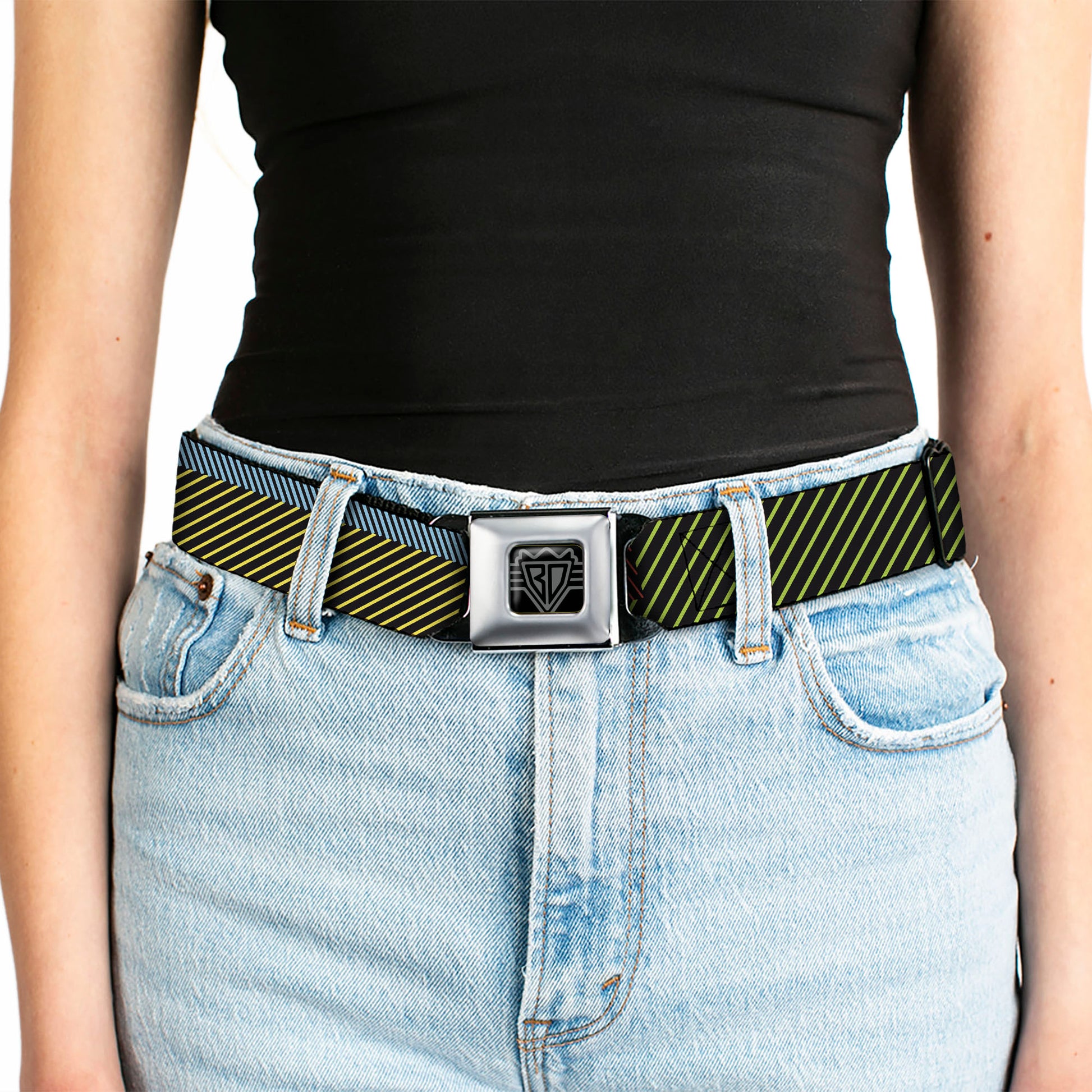 BD Wings Logo CLOSE-UP Black/Silver Seatbelt Belt - Hash Mark Stripe Black/Multi Color Webbing Seatbelt Belts Buckle-Down