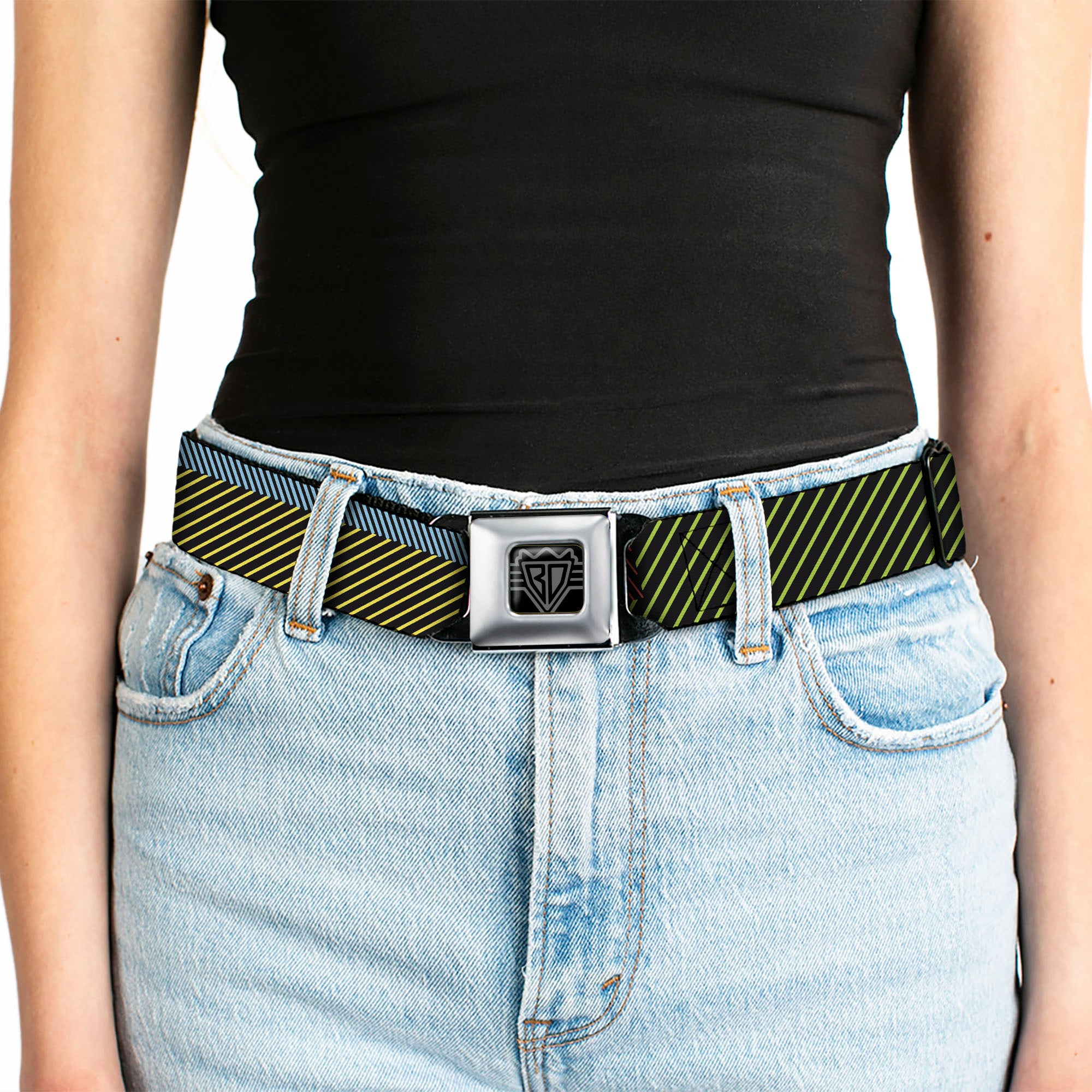 BD Wings Logo CLOSE-UP Black/Silver Seatbelt Belt - Hash Mark Stripe Black/Multi Color Webbing Seatbelt Belts Buckle-Down