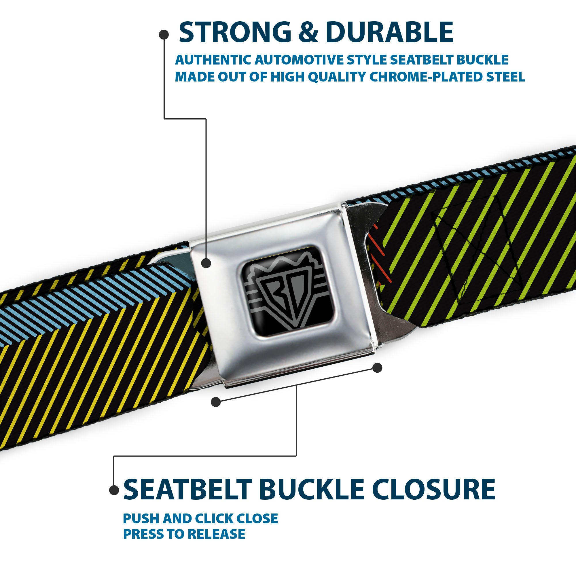 BD Wings Logo CLOSE-UP Black/Silver Seatbelt Belt - Hash Mark Stripe Black/Multi Color Webbing Seatbelt Belts Buckle-Down