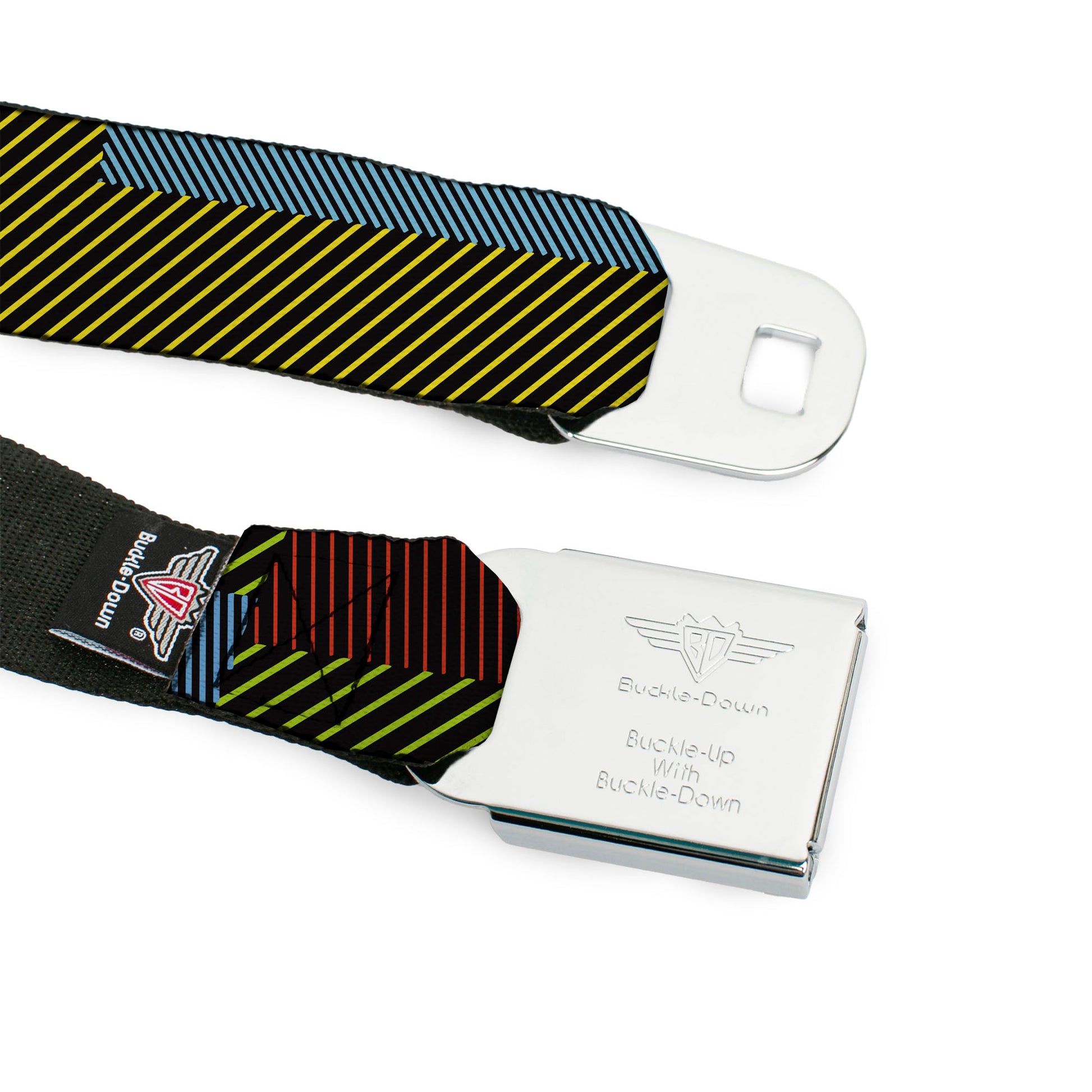 BD Wings Logo CLOSE-UP Black/Silver Seatbelt Belt - Hash Mark Stripe Black/Multi Color Webbing Seatbelt Belts Buckle-Down