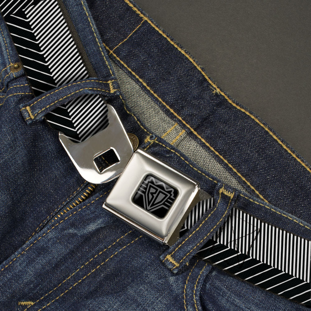 BD Wings Logo CLOSE-UP Black/Silver Seatbelt Belt - Hash Mark Stripe Black/White Webbing Seatbelt Belts Buckle-Down