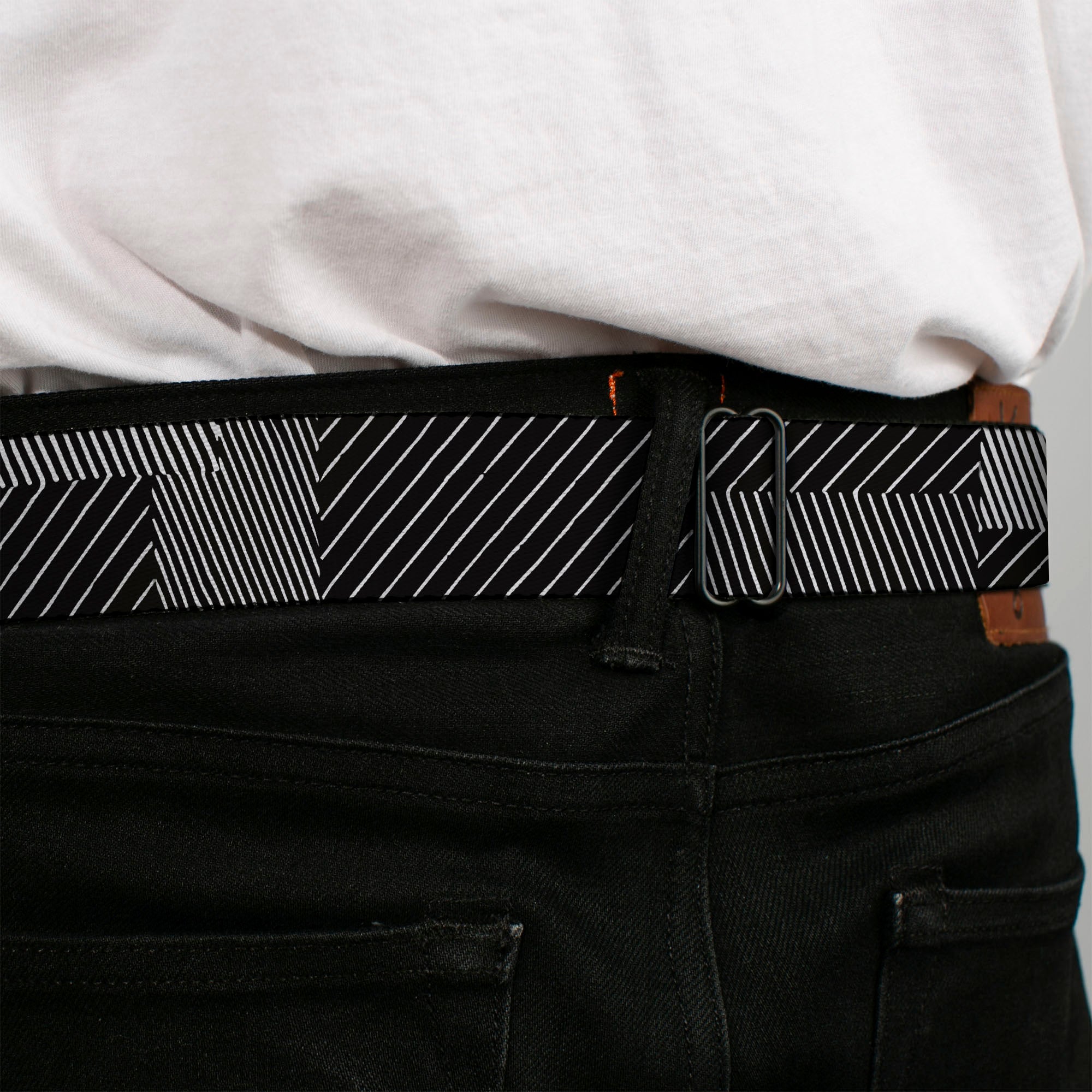 BD Wings Logo CLOSE-UP Black/Silver Seatbelt Belt - Hash Mark Stripe Black/White Webbing Seatbelt Belts Buckle-Down