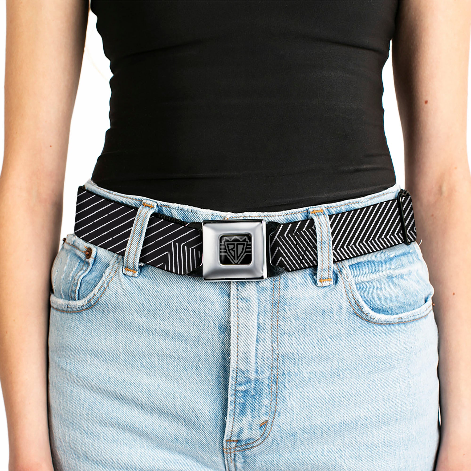 BD Wings Logo CLOSE-UP Black/Silver Seatbelt Belt - Hash Mark Stripe Black/White Webbing Seatbelt Belts Buckle-Down