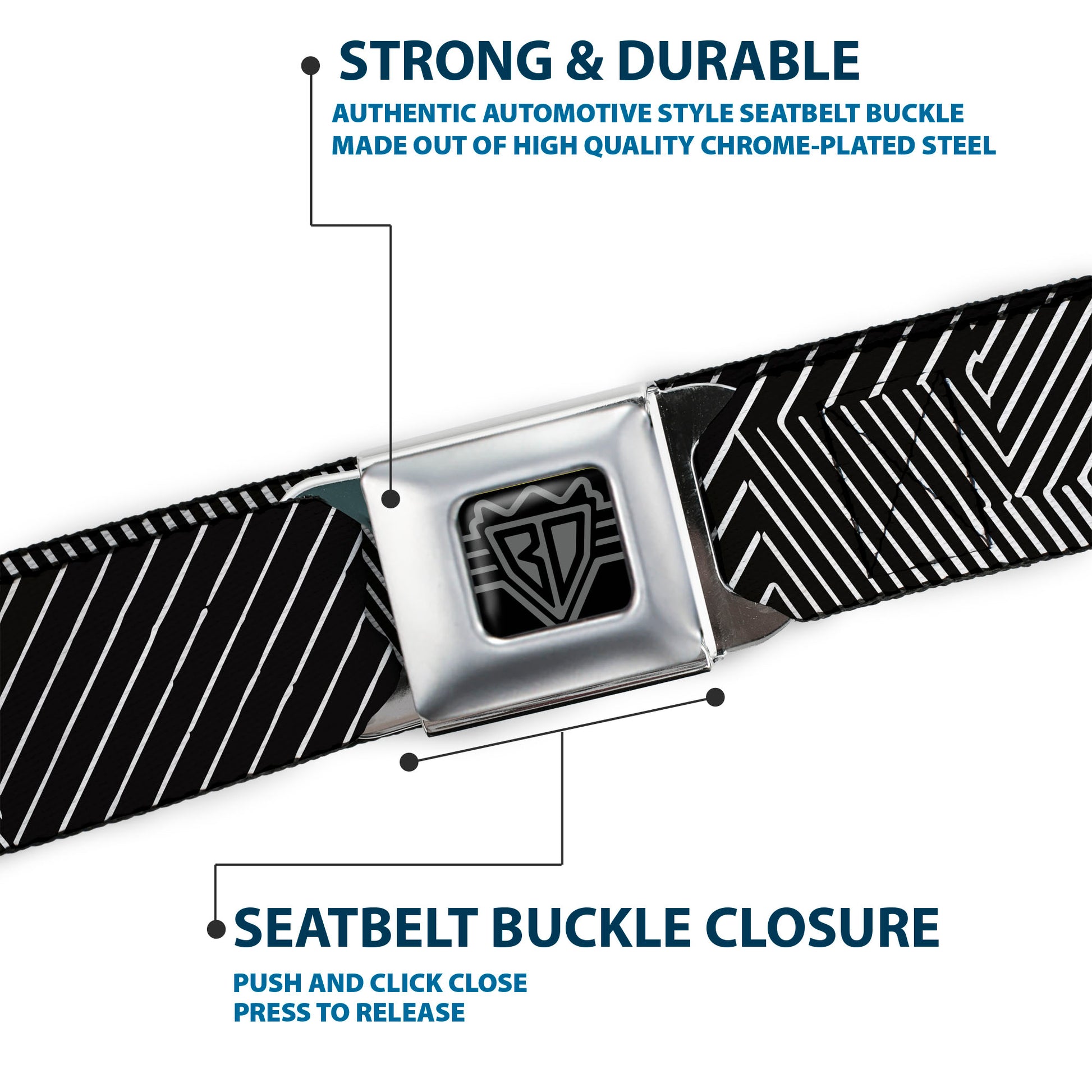 BD Wings Logo CLOSE-UP Black/Silver Seatbelt Belt - Hash Mark Stripe Black/White Webbing Seatbelt Belts Buckle-Down