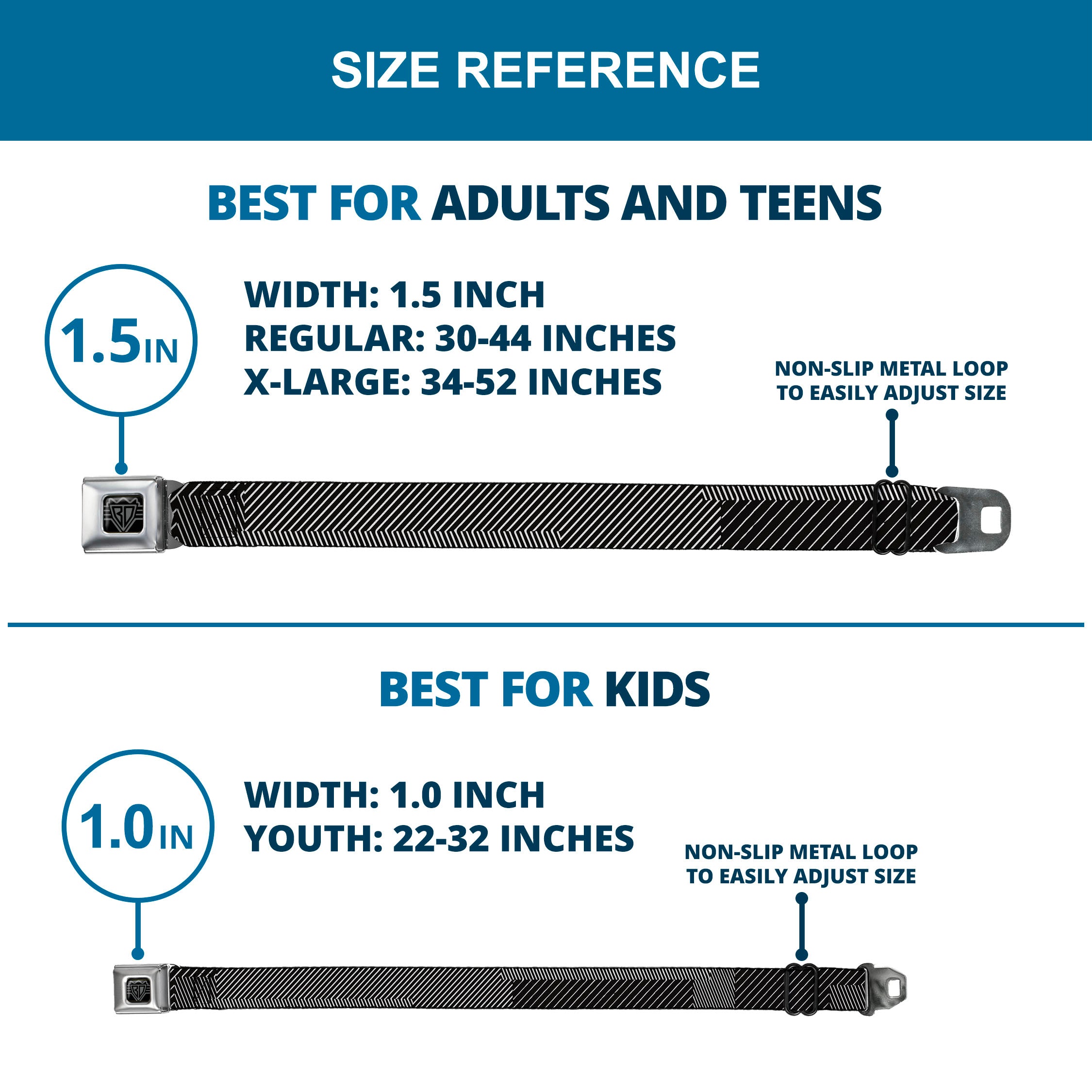 BD Wings Logo CLOSE-UP Black/Silver Seatbelt Belt - Hash Mark Stripe Black/White Webbing Seatbelt Belts Buckle-Down