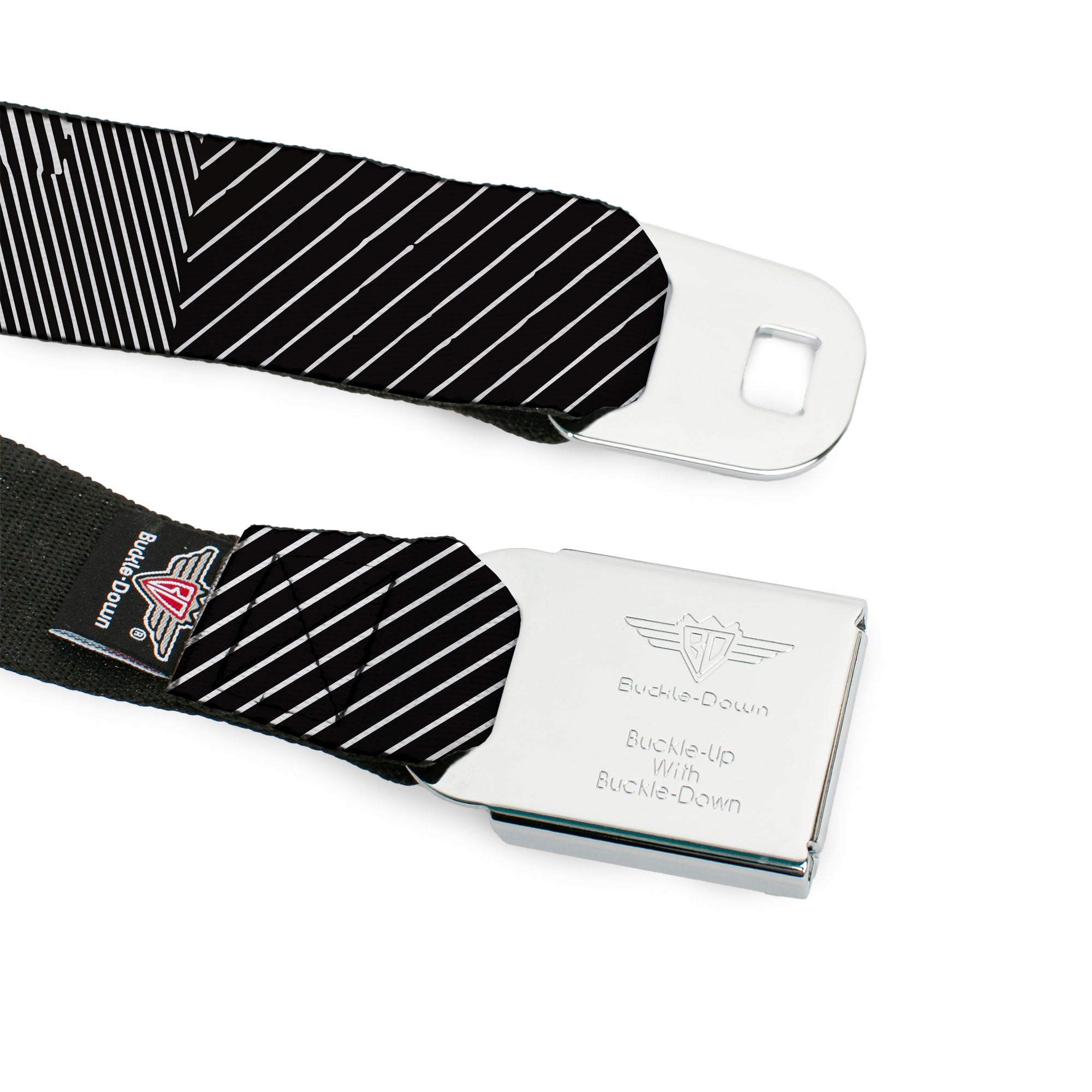 BD Wings Logo CLOSE-UP Black/Silver Seatbelt Belt - Hash Mark Stripe Black/White Webbing Seatbelt Belts Buckle-Down