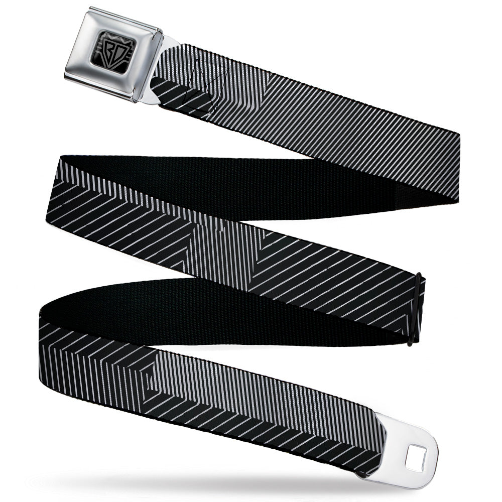 BD Wings Logo CLOSE-UP Black/Silver Seatbelt Belt - Hash Mark Stripe Black/White Webbing Seatbelt Belts Buckle-Down
