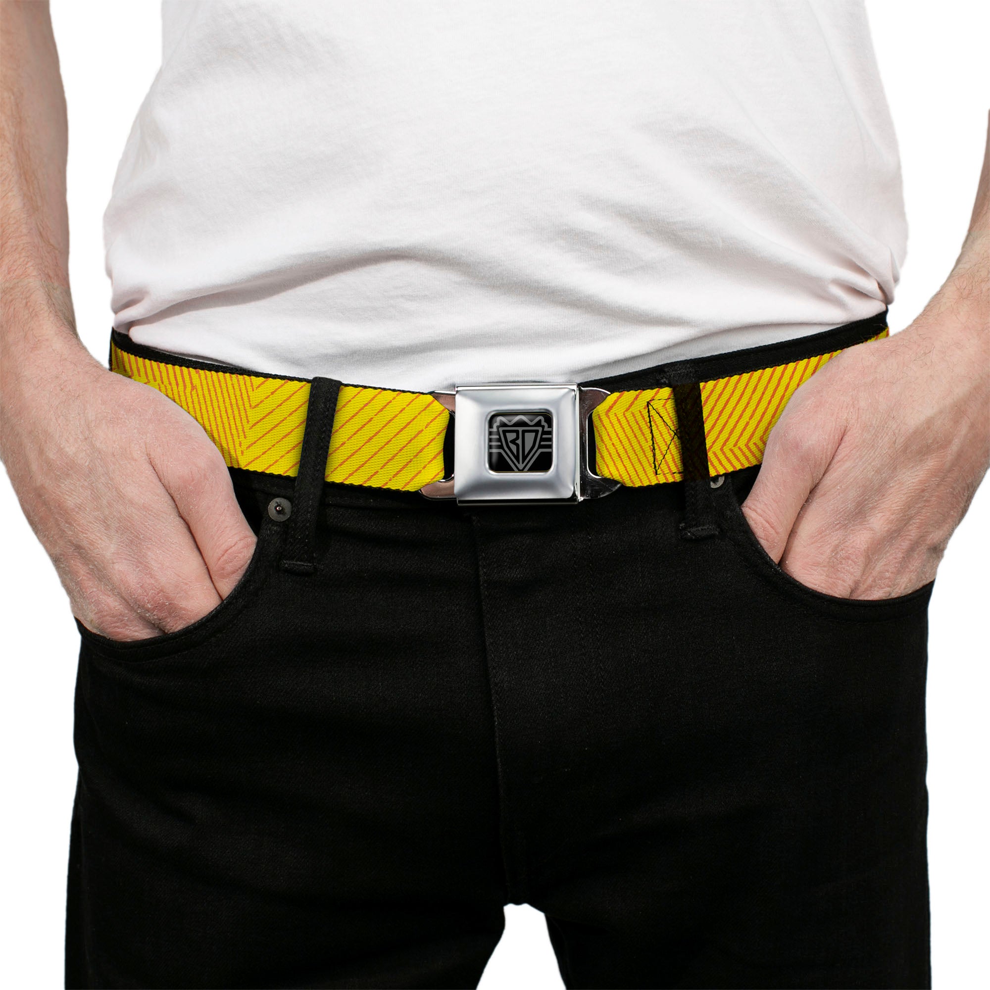 BD Wings Logo CLOSE-UP Black/Silver Seatbelt Belt - Hash Mark Stripe Yellow/Red Webbing Seatbelt Belts Buckle-Down