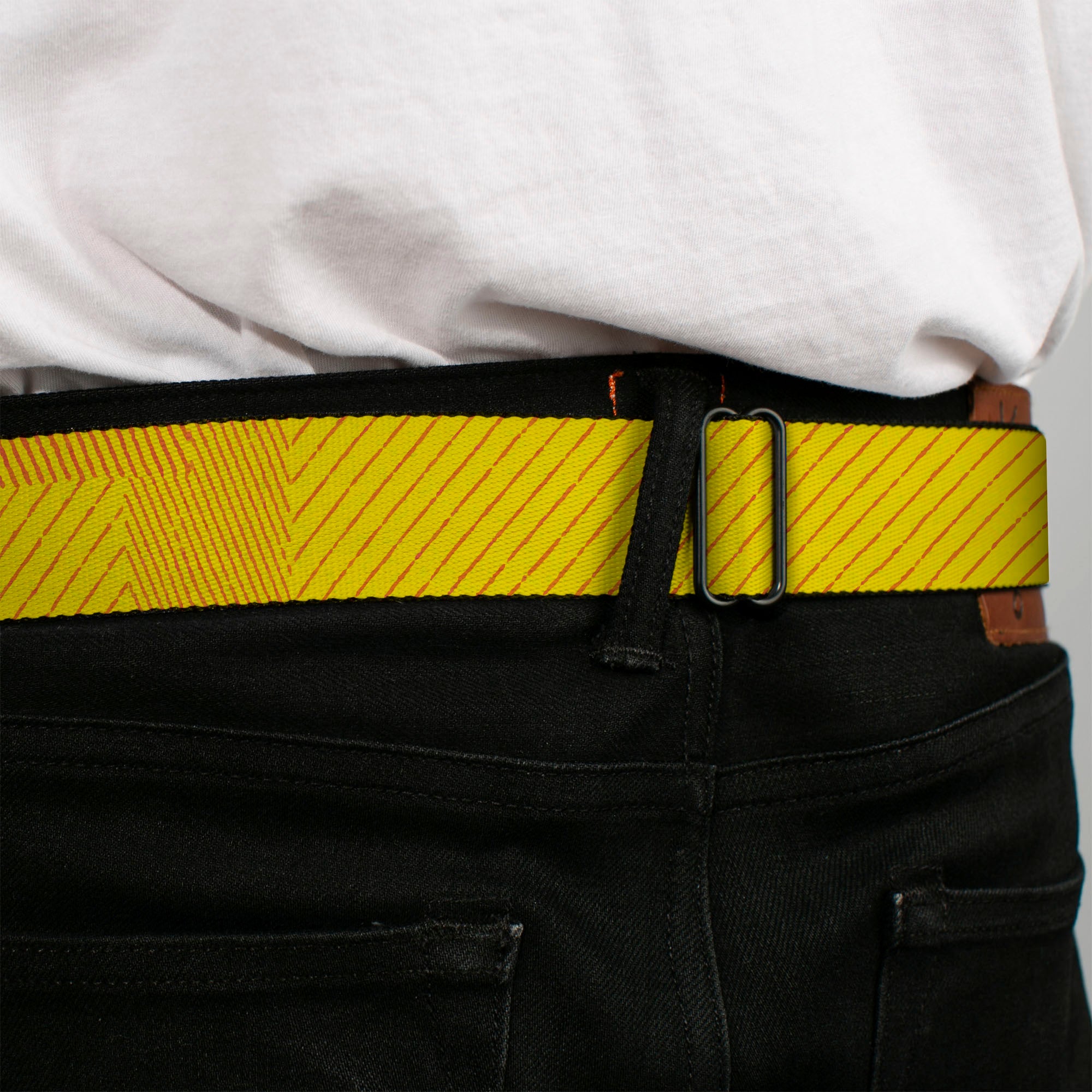 BD Wings Logo CLOSE-UP Black/Silver Seatbelt Belt - Hash Mark Stripe Yellow/Red Webbing Seatbelt Belts Buckle-Down