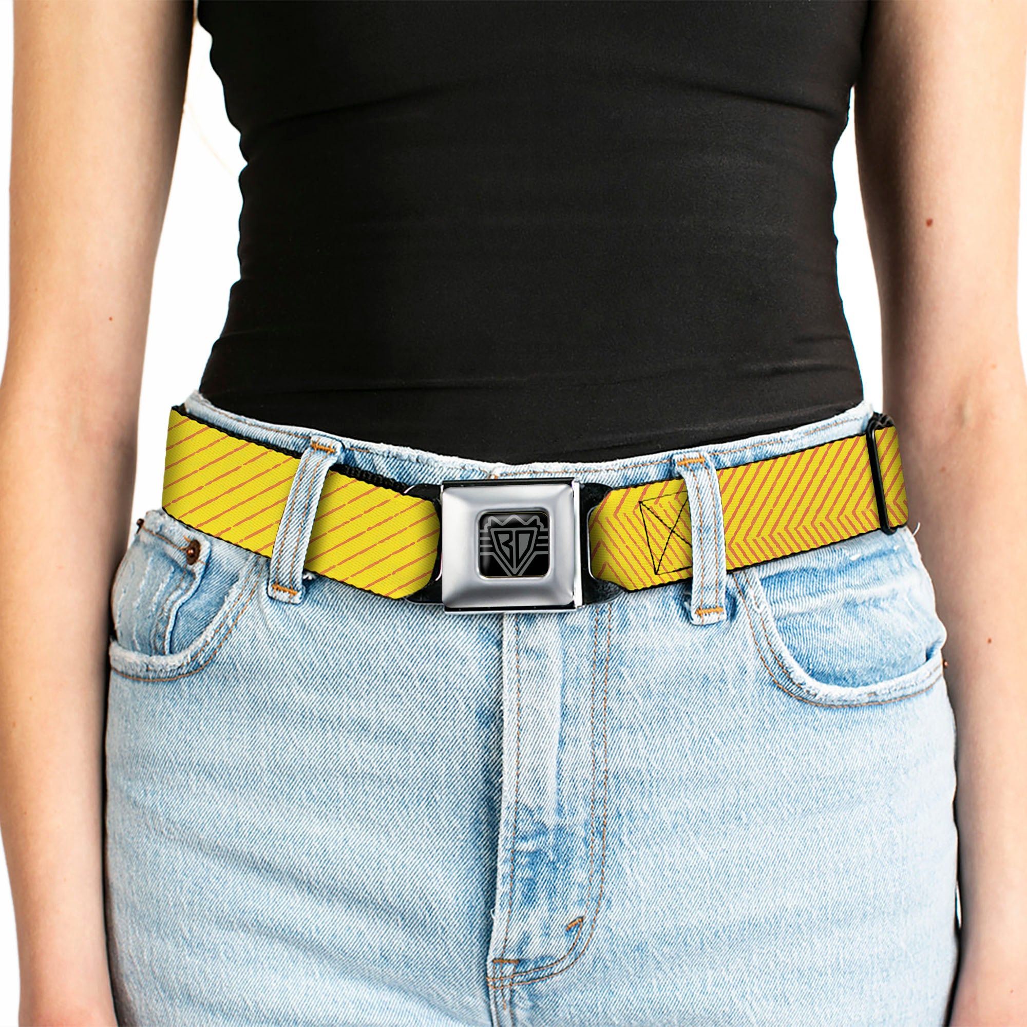 BD Wings Logo CLOSE-UP Black/Silver Seatbelt Belt - Hash Mark Stripe Yellow/Red Webbing Seatbelt Belts Buckle-Down