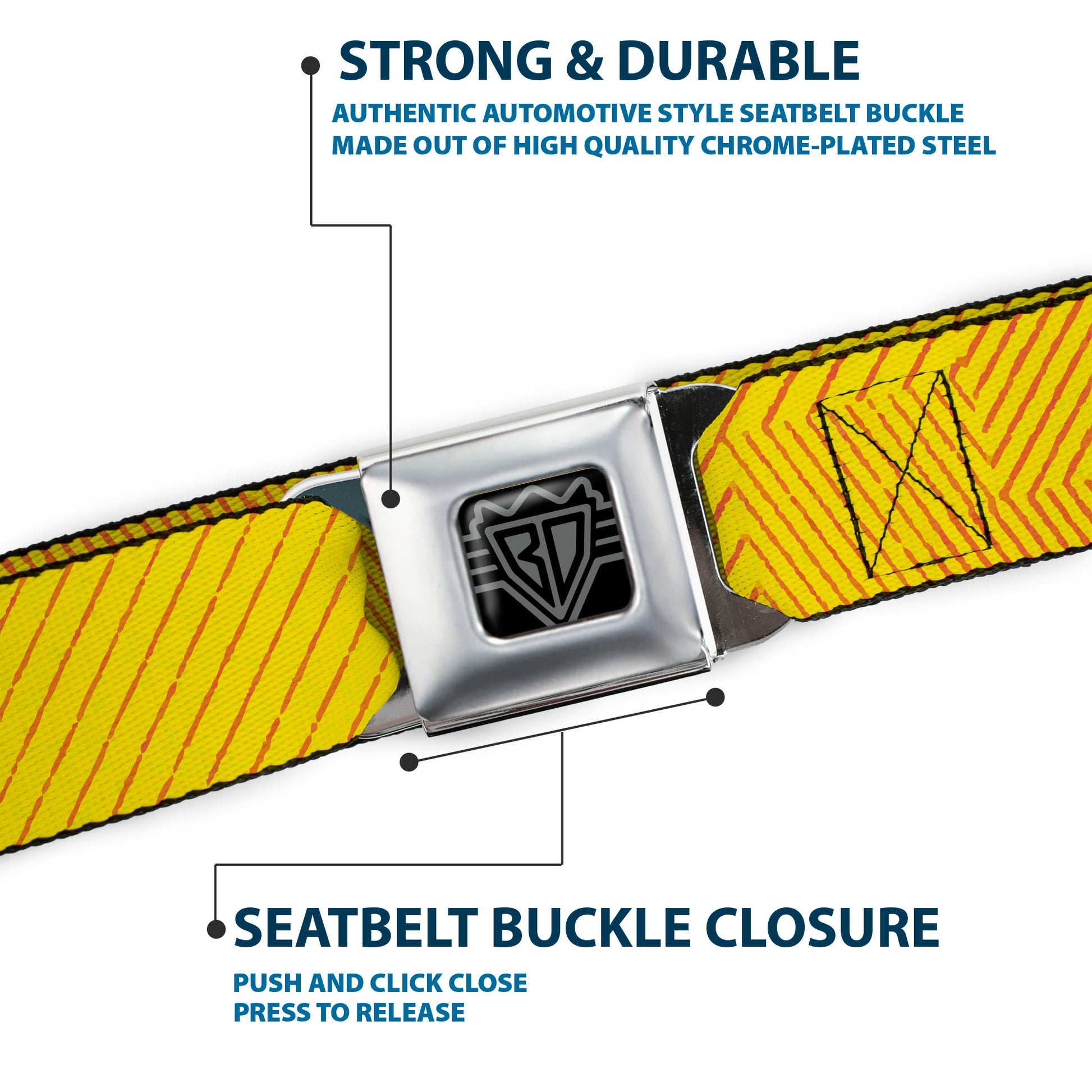 BD Wings Logo CLOSE-UP Black/Silver Seatbelt Belt - Hash Mark Stripe Yellow/Red Webbing Seatbelt Belts Buckle-Down