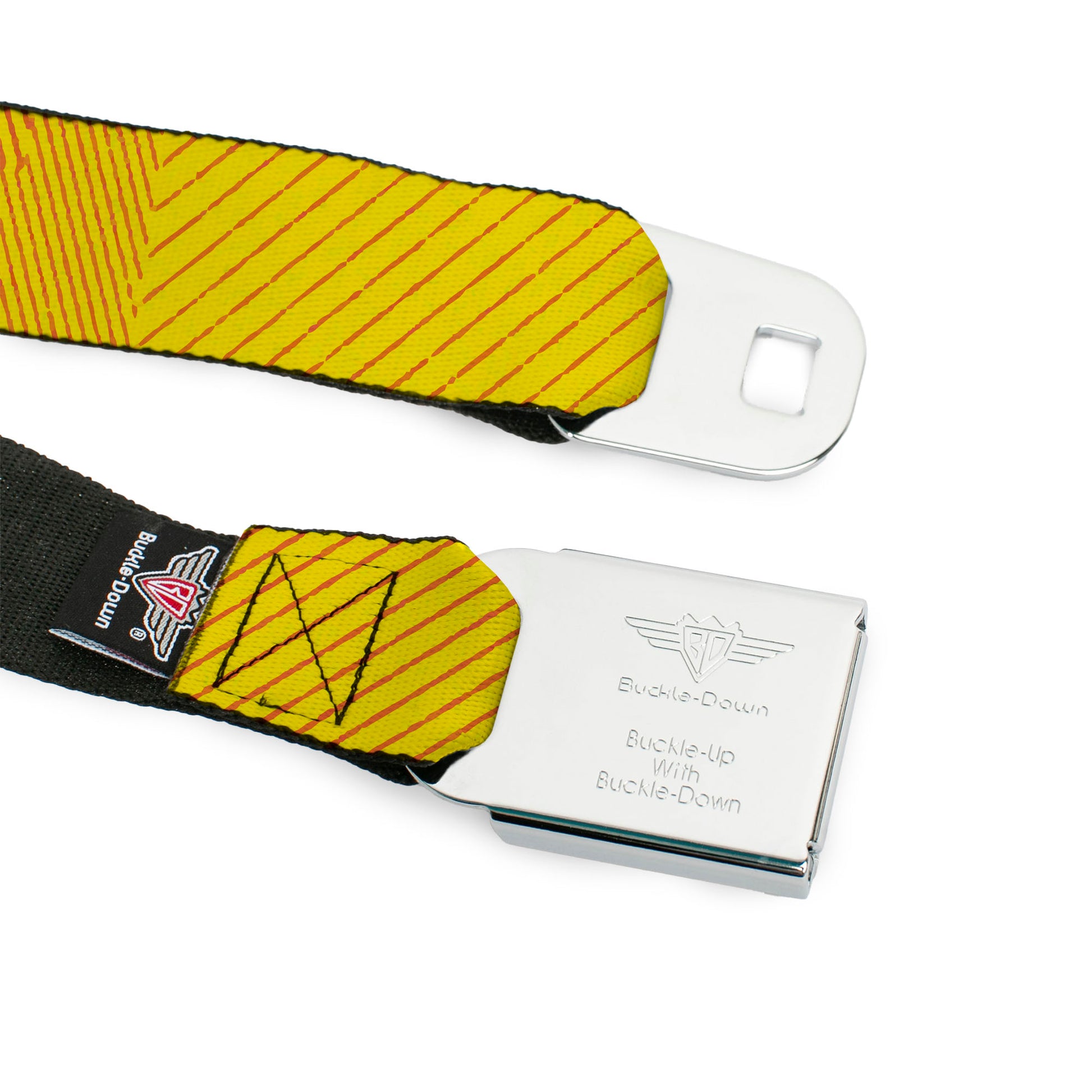 BD Wings Logo CLOSE-UP Black/Silver Seatbelt Belt - Hash Mark Stripe Yellow/Red Webbing Seatbelt Belts Buckle-Down