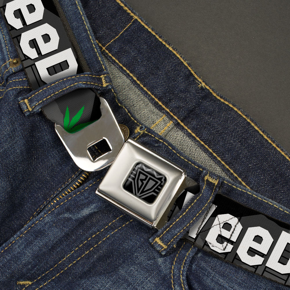 BD Wings Logo CLOSE-UP Full Color Black Silver Seatbelt Belt - HOLLYWEED Sign Skyline/Pot Leaf Black/Grays/White/Green Webbing Seatbelt Belts Buckle-Down
