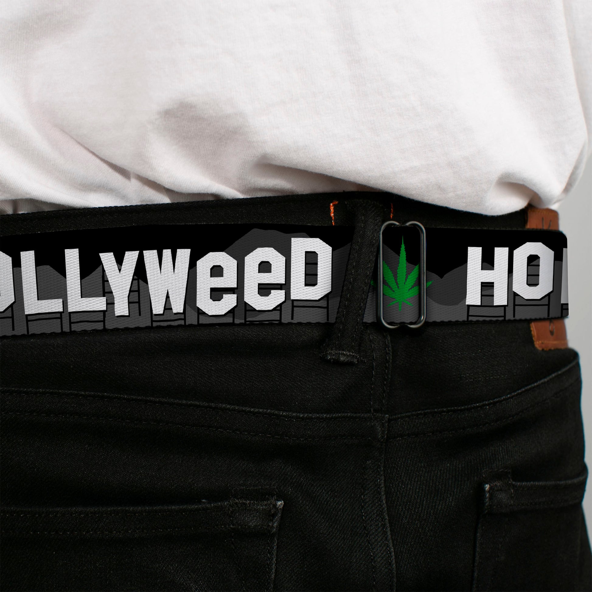 BD Wings Logo CLOSE-UP Full Color Black Silver Seatbelt Belt - HOLLYWEED Sign Skyline/Pot Leaf Black/Grays/White/Green Webbing Seatbelt Belts Buckle-Down