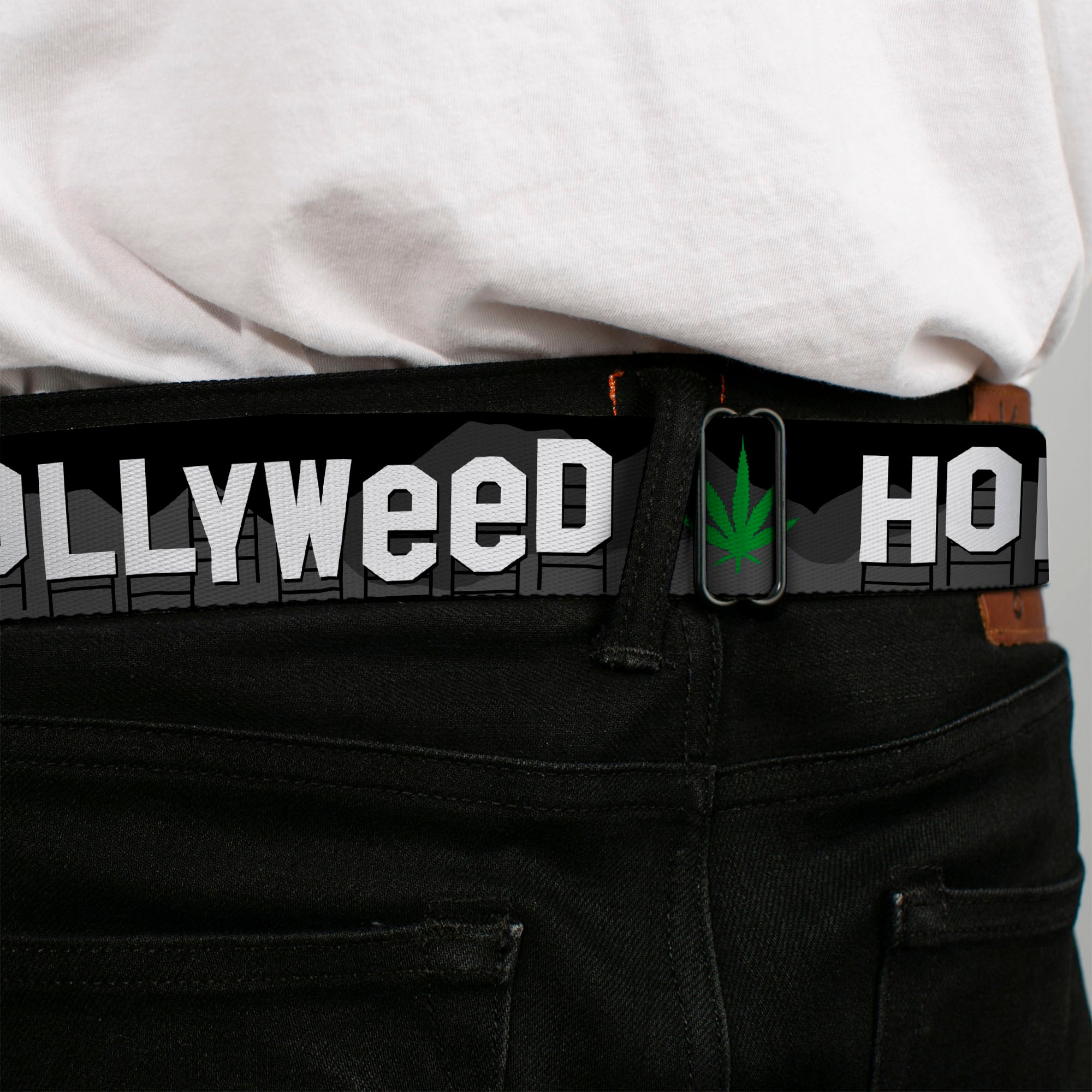BD Wings Logo CLOSE-UP Full Color Black Silver Seatbelt Belt - HOLLYWEED Sign Skyline/Pot Leaf Black/Grays/White/Green Webbing Seatbelt Belts Buckle-Down