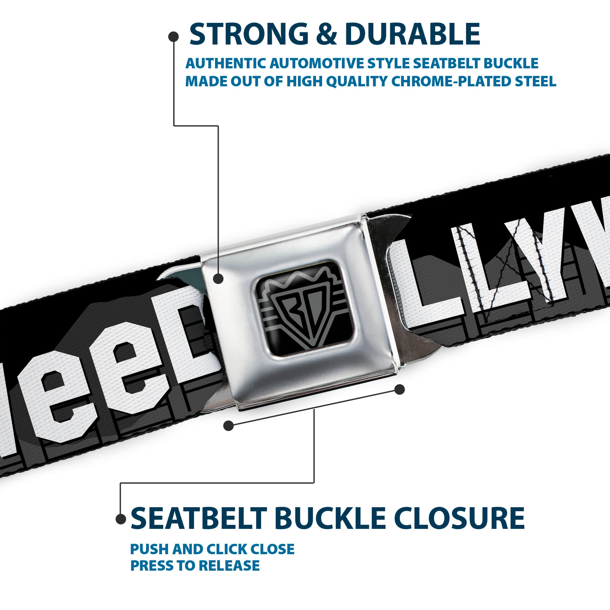 BD Wings Logo CLOSE-UP Full Color Black Silver Seatbelt Belt - HOLLYWEED Sign Skyline/Pot Leaf Black/Grays/White/Green Webbing Seatbelt Belts Buckle-Down