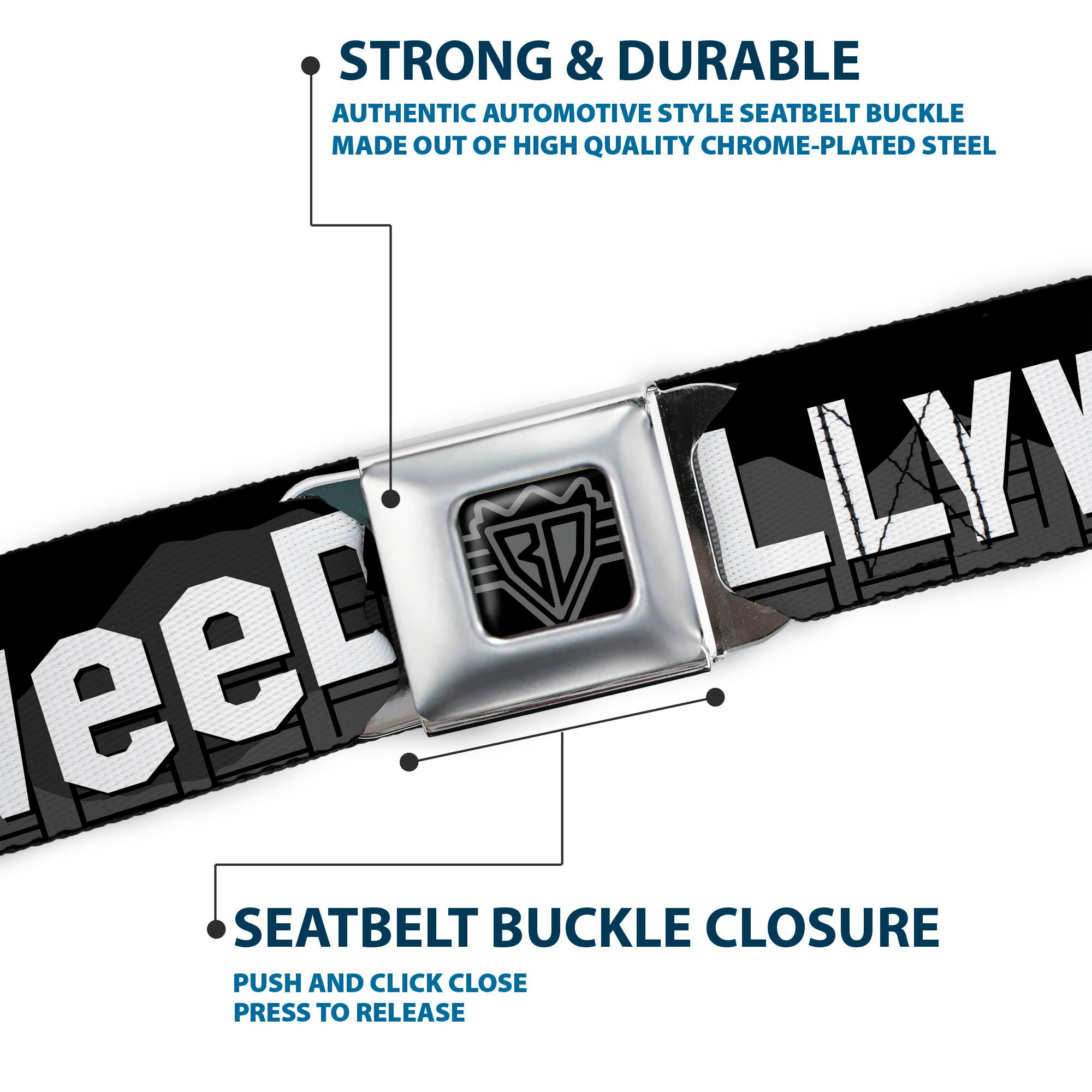 BD Wings Logo CLOSE-UP Full Color Black Silver Seatbelt Belt - HOLLYWEED Sign Skyline/Pot Leaf Black/Grays/White/Green Webbing Seatbelt Belts Buckle-Down