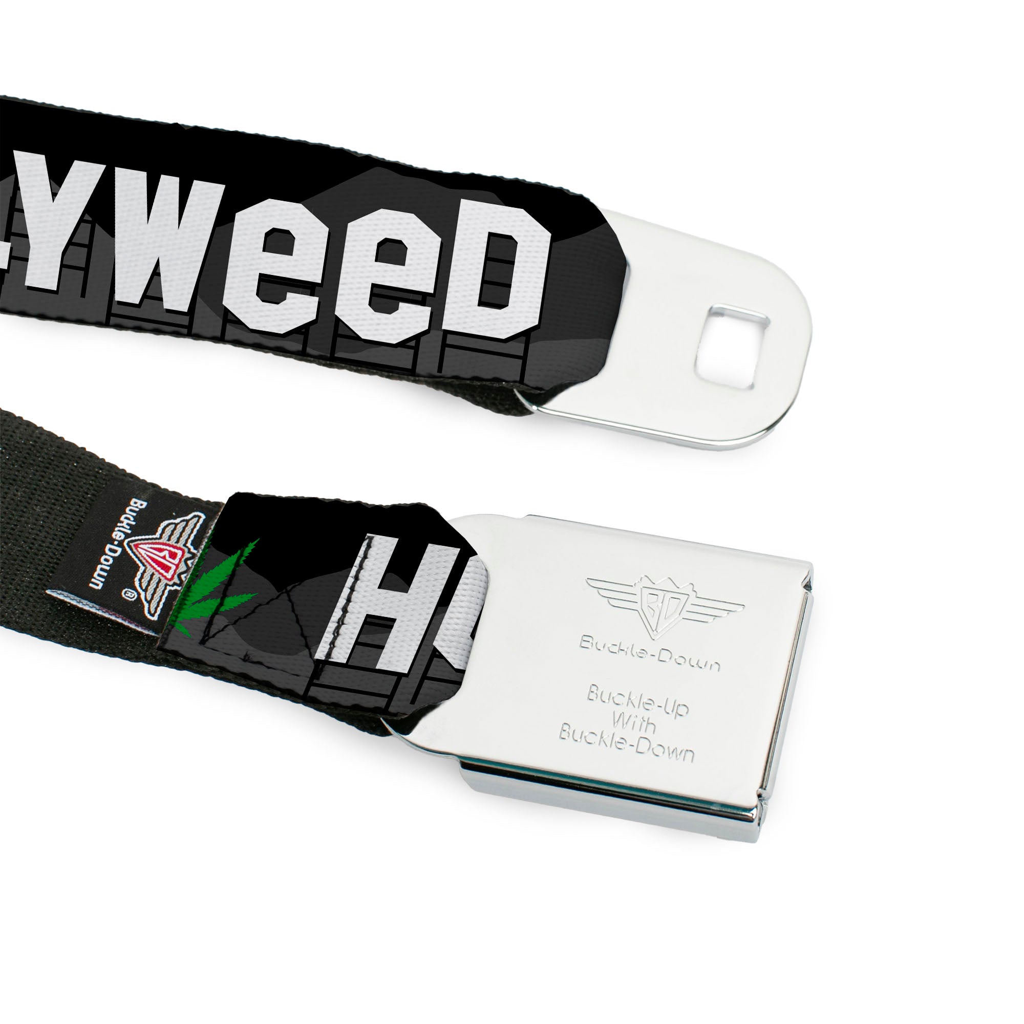 BD Wings Logo CLOSE-UP Full Color Black Silver Seatbelt Belt - HOLLYWEED Sign Skyline/Pot Leaf Black/Grays/White/Green Webbing Seatbelt Belts Buckle-Down