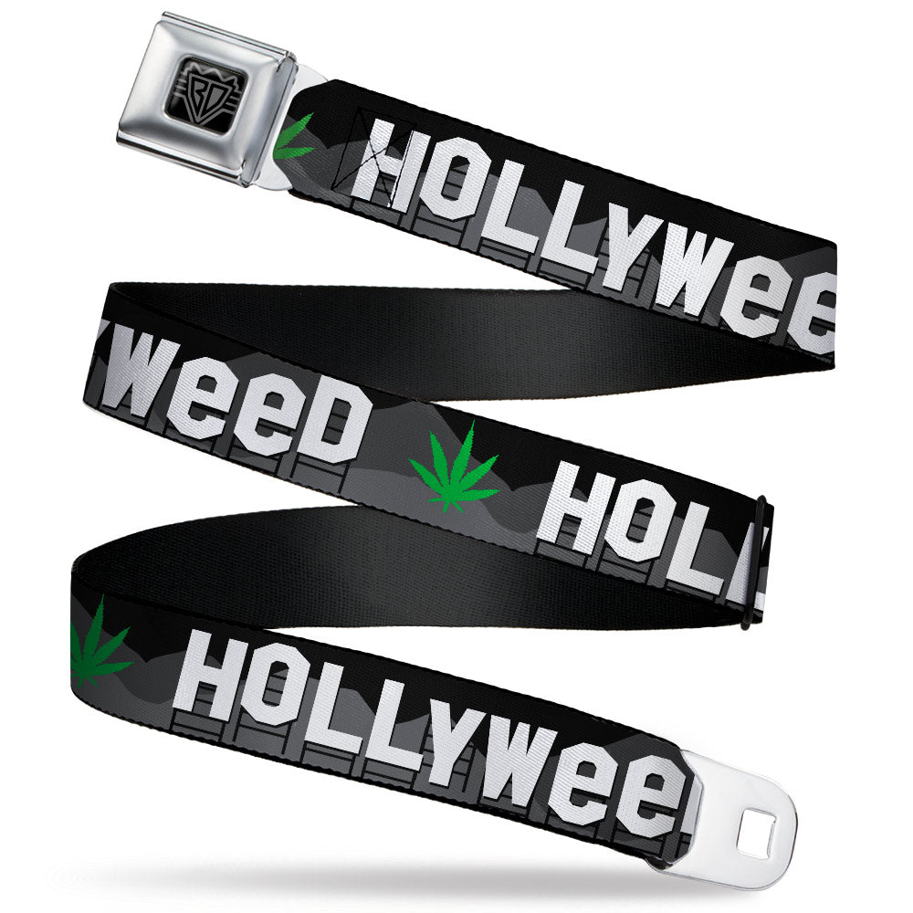 BD Wings Logo CLOSE-UP Full Color Black Silver Seatbelt Belt - HOLLYWEED Sign Skyline/Pot Leaf Black/Grays/White/Green Webbing Seatbelt Belts Buckle-Down