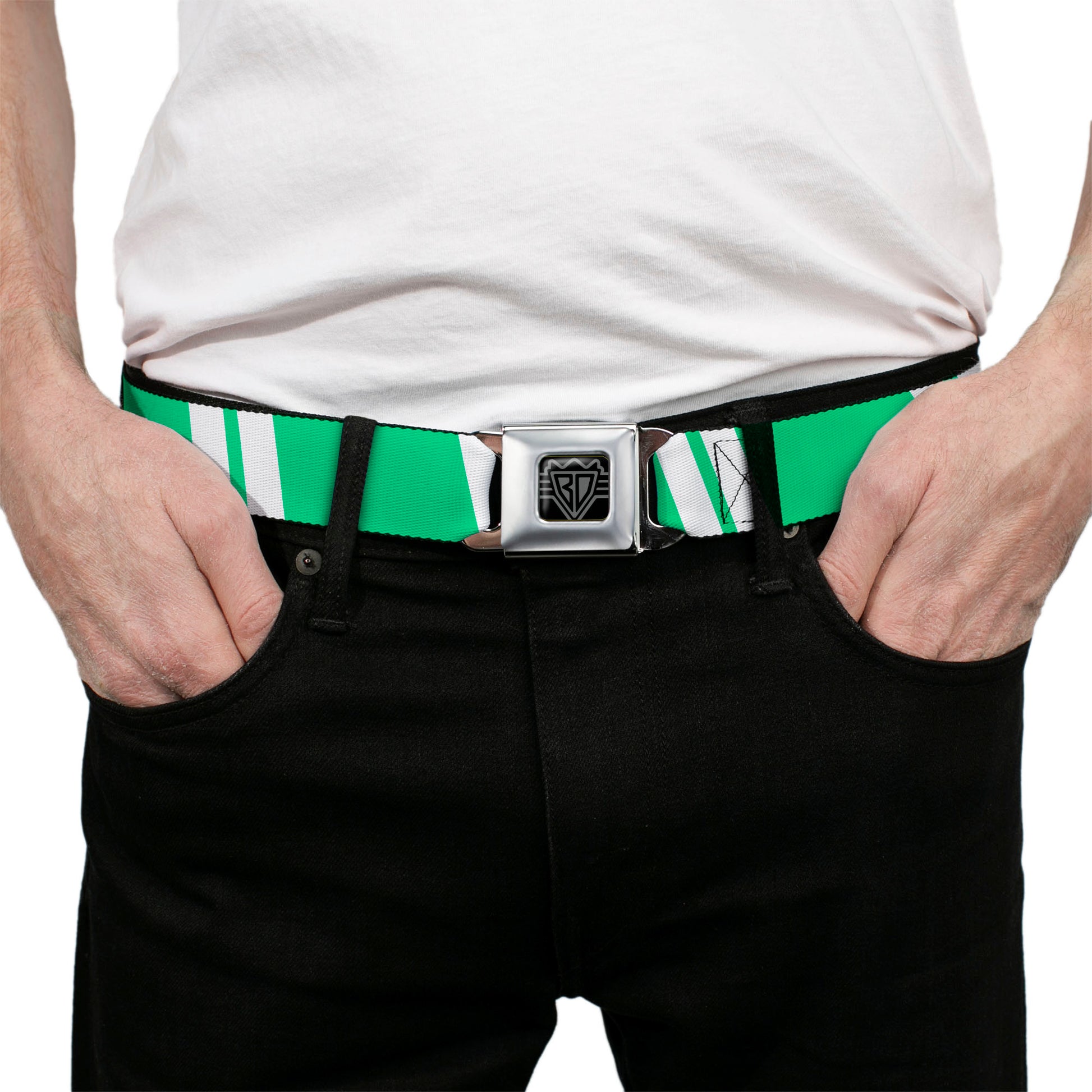 BD Wings Logo CLOSE-UP Black/Silver Seatbelt Belt - Hash Mark Stripe Double Green/Silver Webbing Seatbelt Belts Buckle-Down