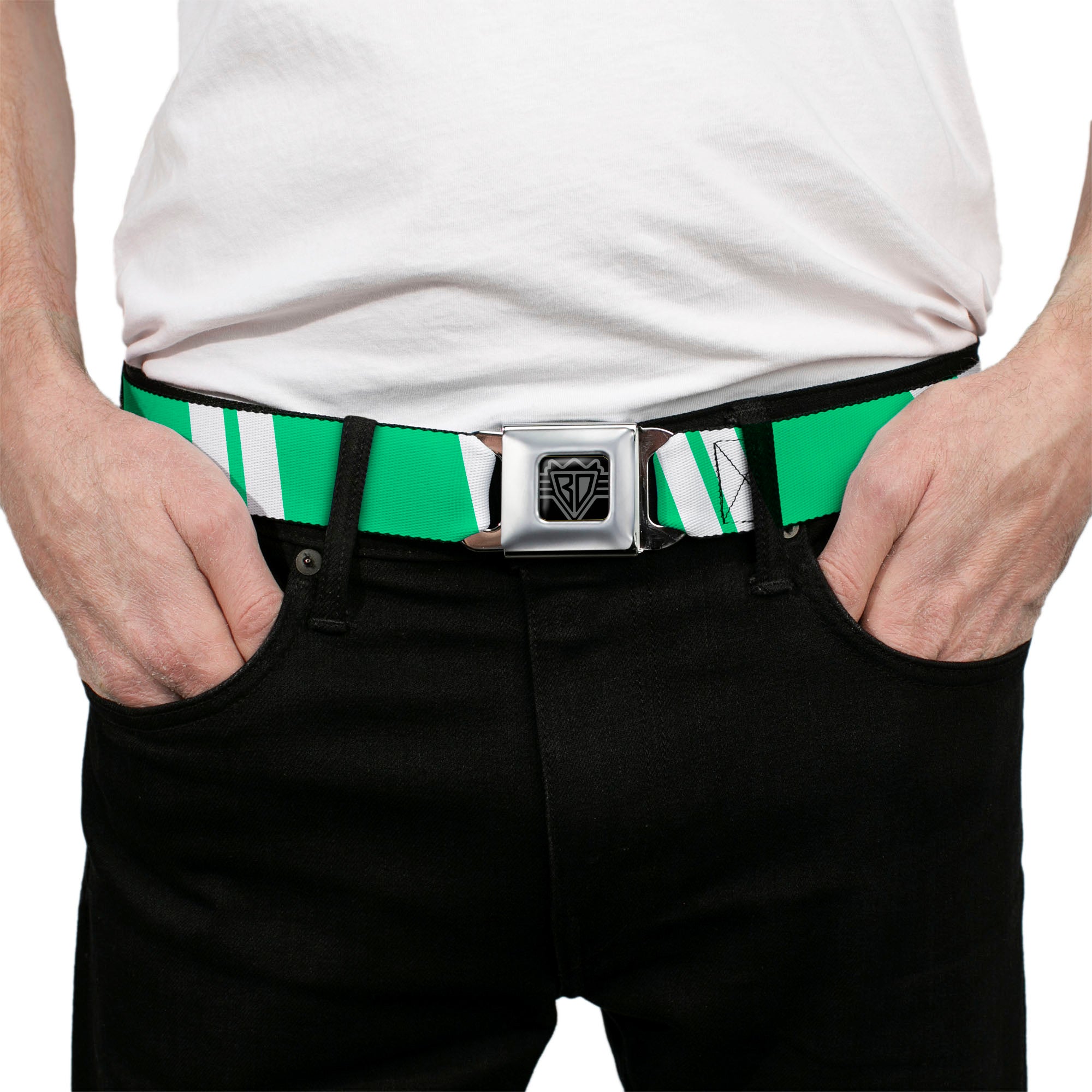 BD Wings Logo CLOSE-UP Black/Silver Seatbelt Belt - Hash Mark Stripe Double Green/Silver Webbing Seatbelt Belts Buckle-Down