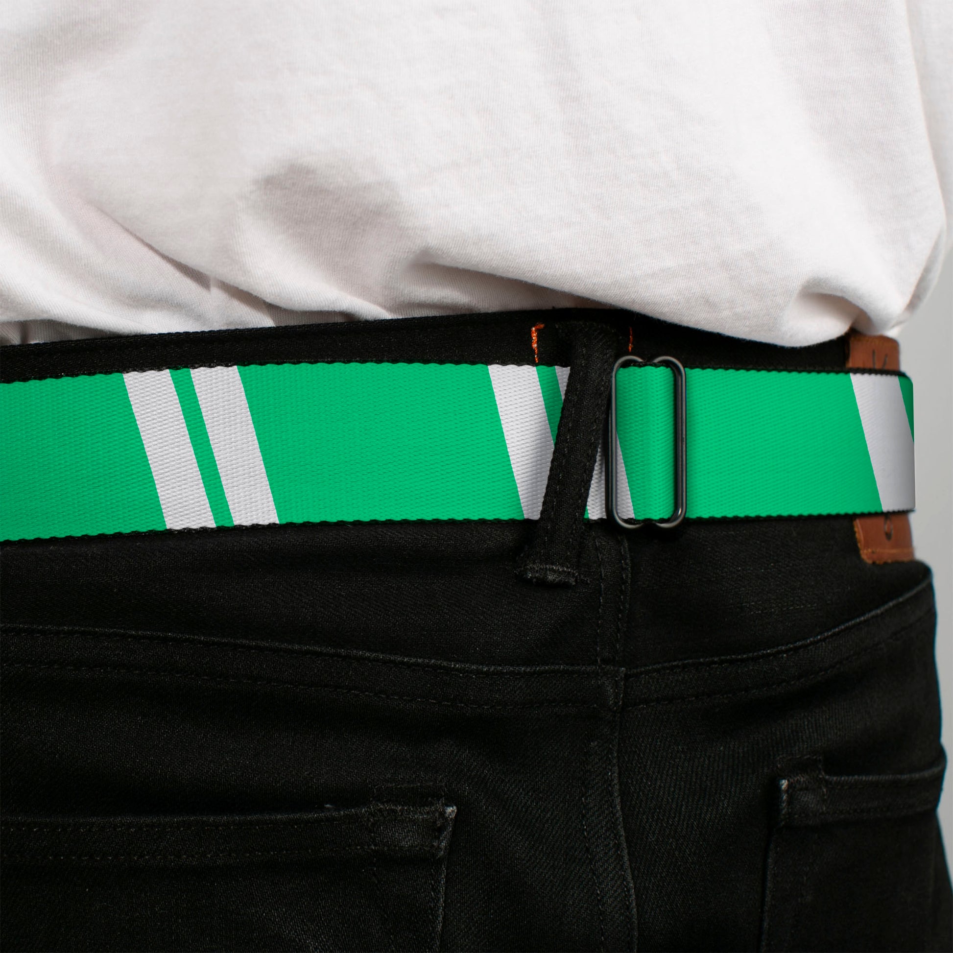 BD Wings Logo CLOSE-UP Black/Silver Seatbelt Belt - Hash Mark Stripe Double Green/Silver Webbing Seatbelt Belts Buckle-Down