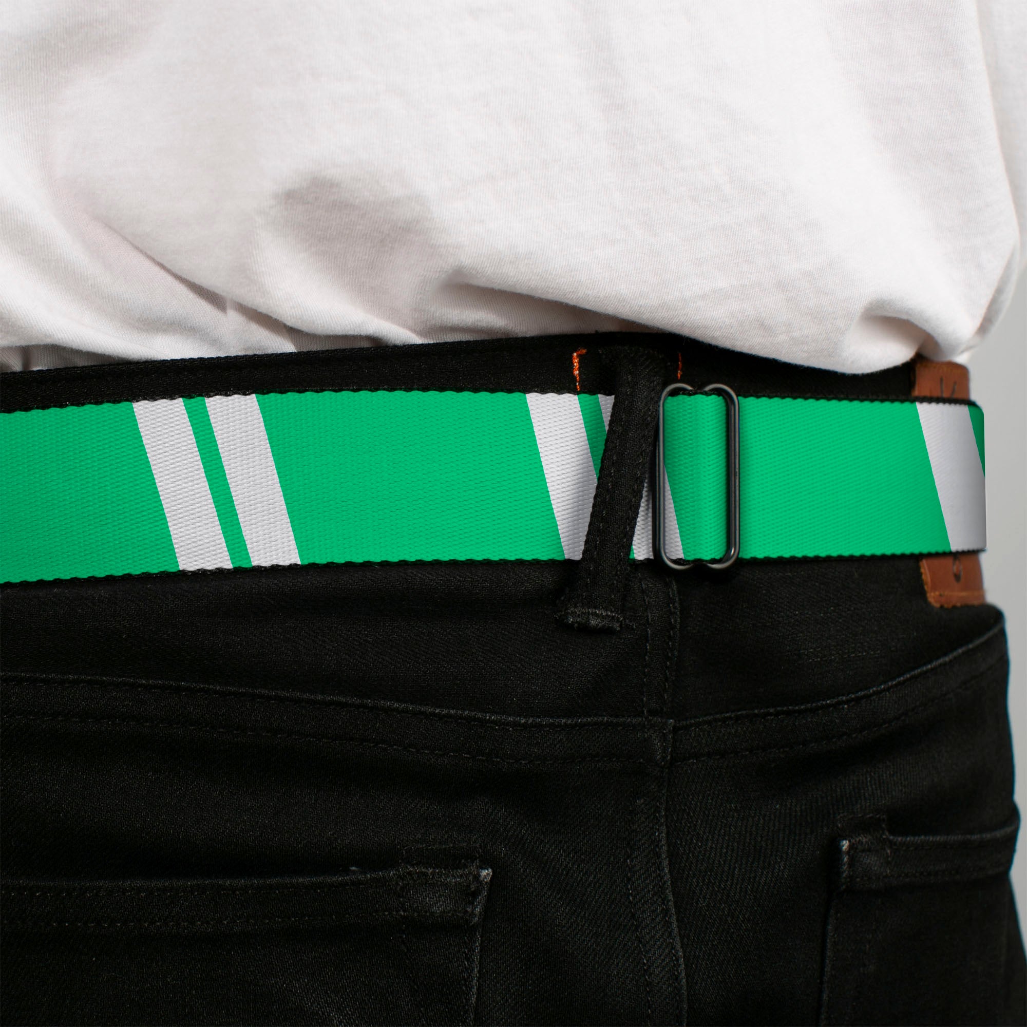 BD Wings Logo CLOSE-UP Black/Silver Seatbelt Belt - Hash Mark Stripe Double Green/Silver Webbing Seatbelt Belts Buckle-Down