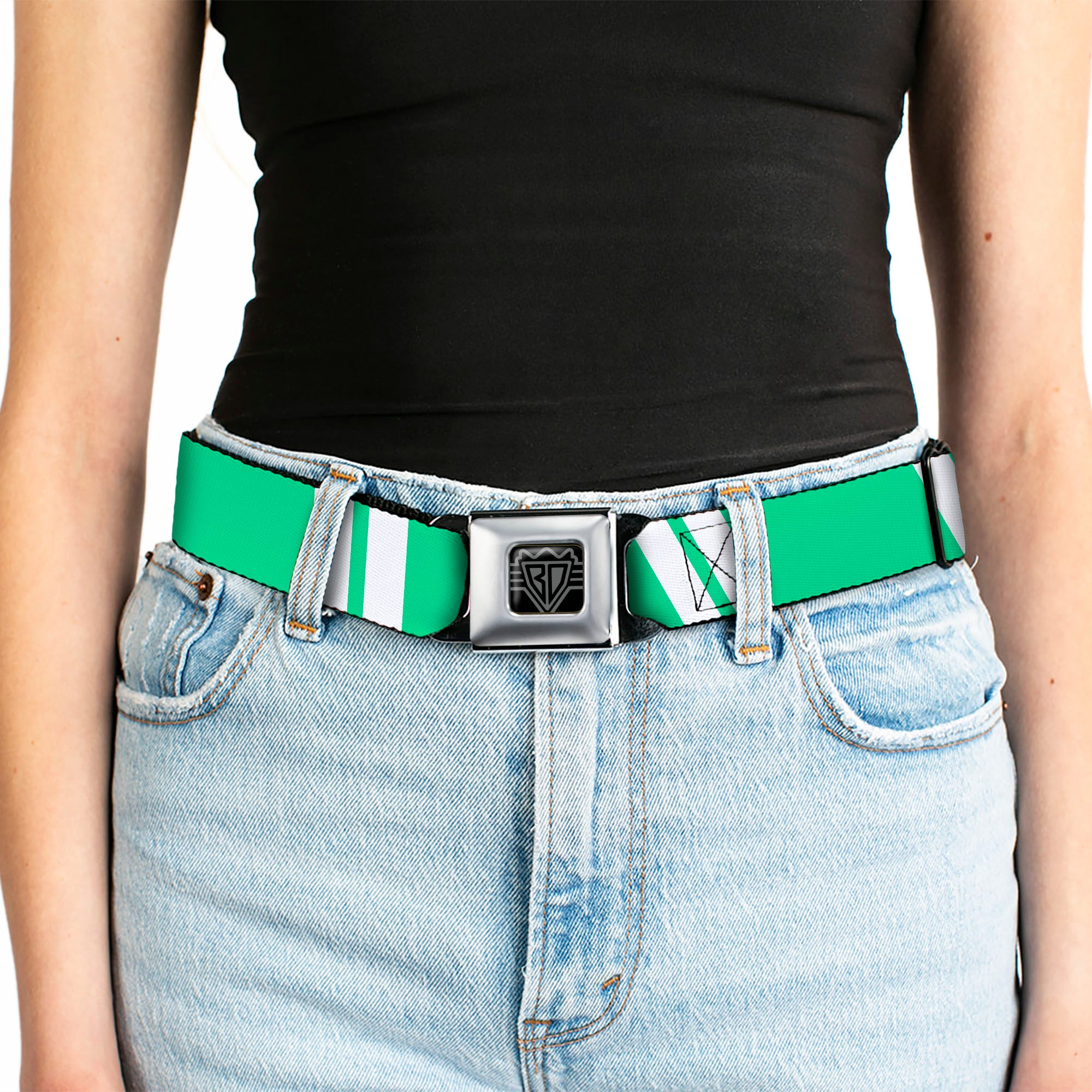 BD Wings Logo CLOSE-UP Black/Silver Seatbelt Belt - Hash Mark Stripe Double Green/Silver Webbing Seatbelt Belts Buckle-Down