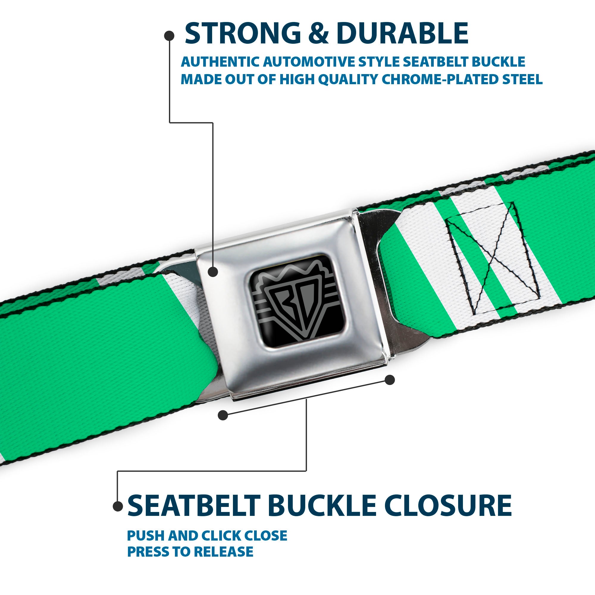 BD Wings Logo CLOSE-UP Black/Silver Seatbelt Belt - Hash Mark Stripe Double Green/Silver Webbing Seatbelt Belts Buckle-Down