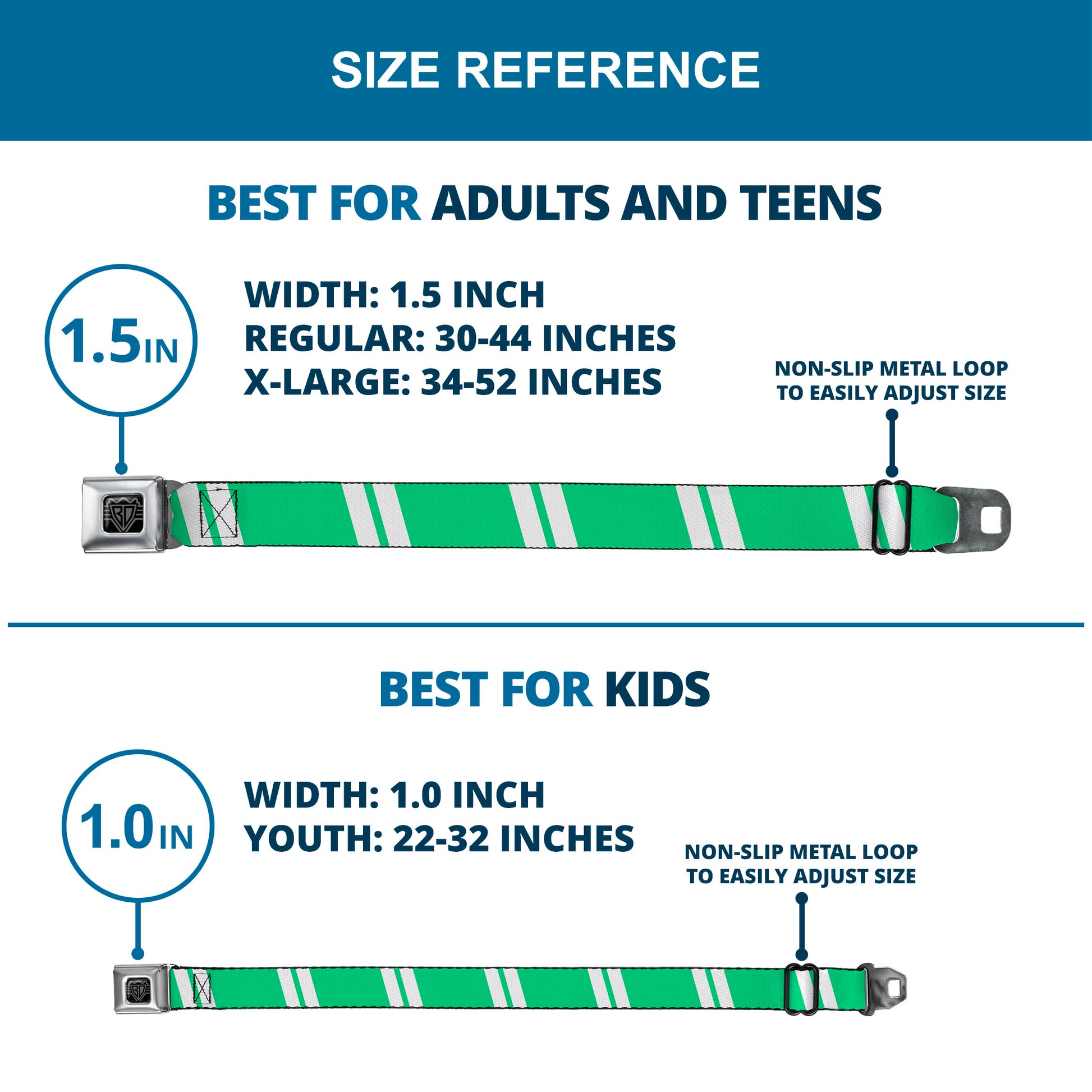 BD Wings Logo CLOSE-UP Black/Silver Seatbelt Belt - Hash Mark Stripe Double Green/Silver Webbing Seatbelt Belts Buckle-Down