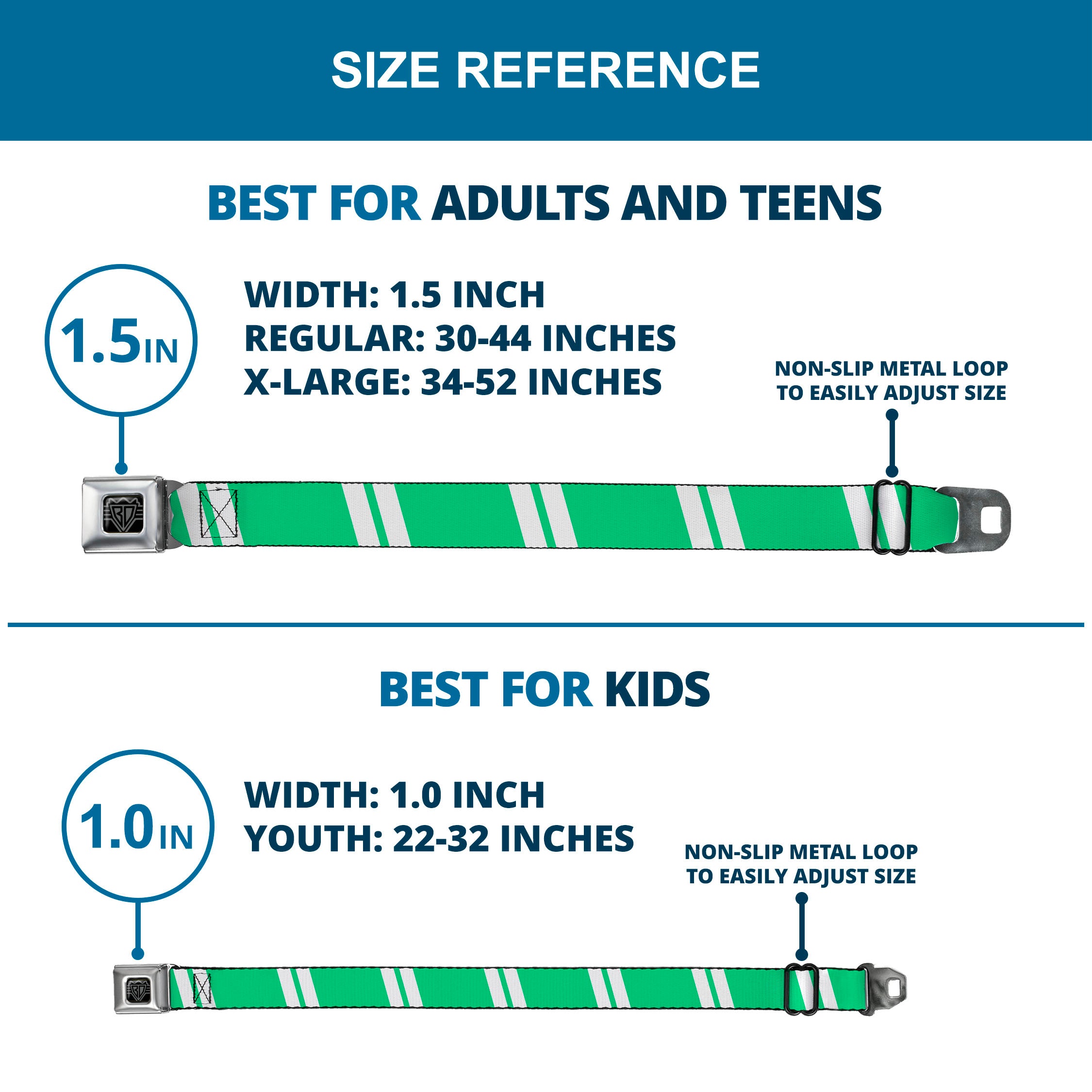 BD Wings Logo CLOSE-UP Black/Silver Seatbelt Belt - Hash Mark Stripe Double Green/Silver Webbing Seatbelt Belts Buckle-Down