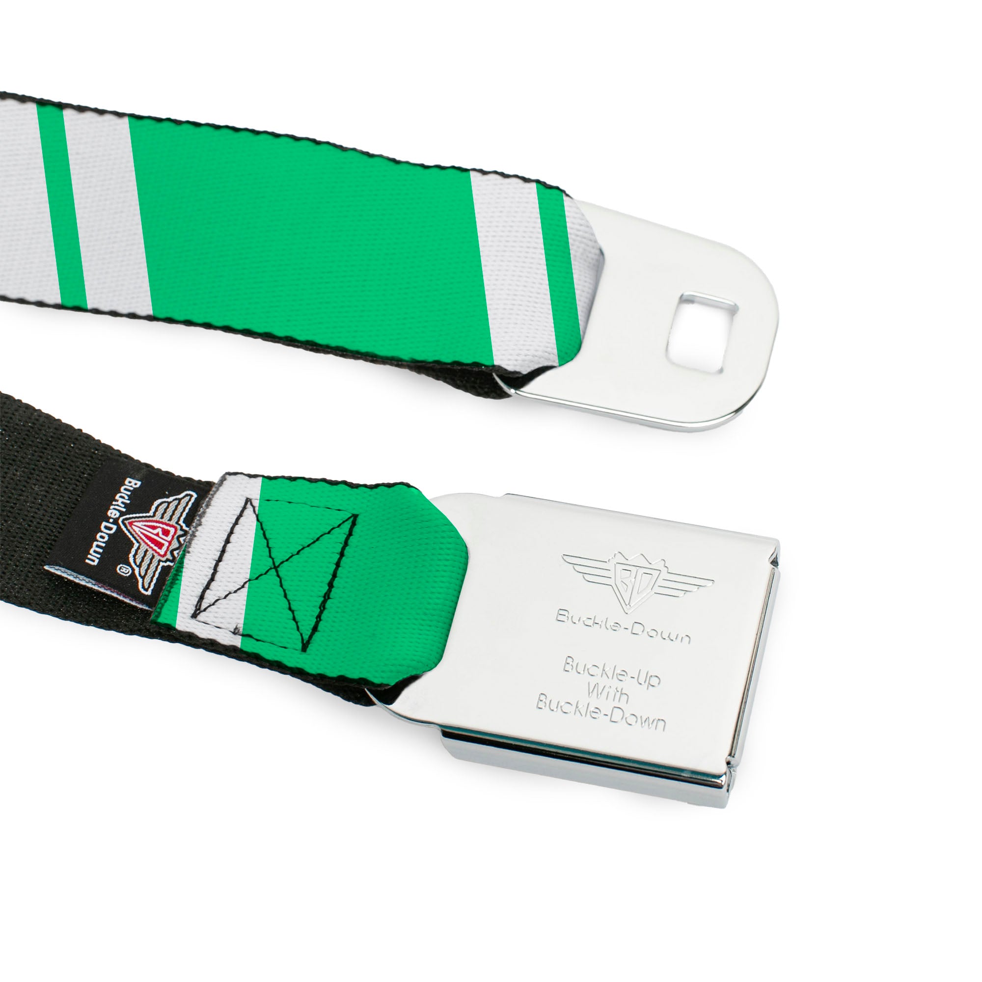 BD Wings Logo CLOSE-UP Black/Silver Seatbelt Belt - Hash Mark Stripe Double Green/Silver Webbing Seatbelt Belts Buckle-Down