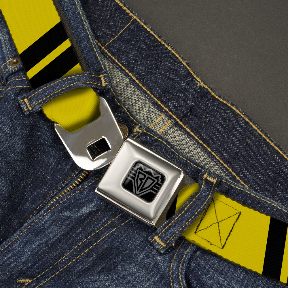 BD Wings Logo CLOSE-UP Black/Silver Seatbelt Belt - Hash Mark Stripe Double Gold/Black Webbing Seatbelt Belts Buckle-Down
