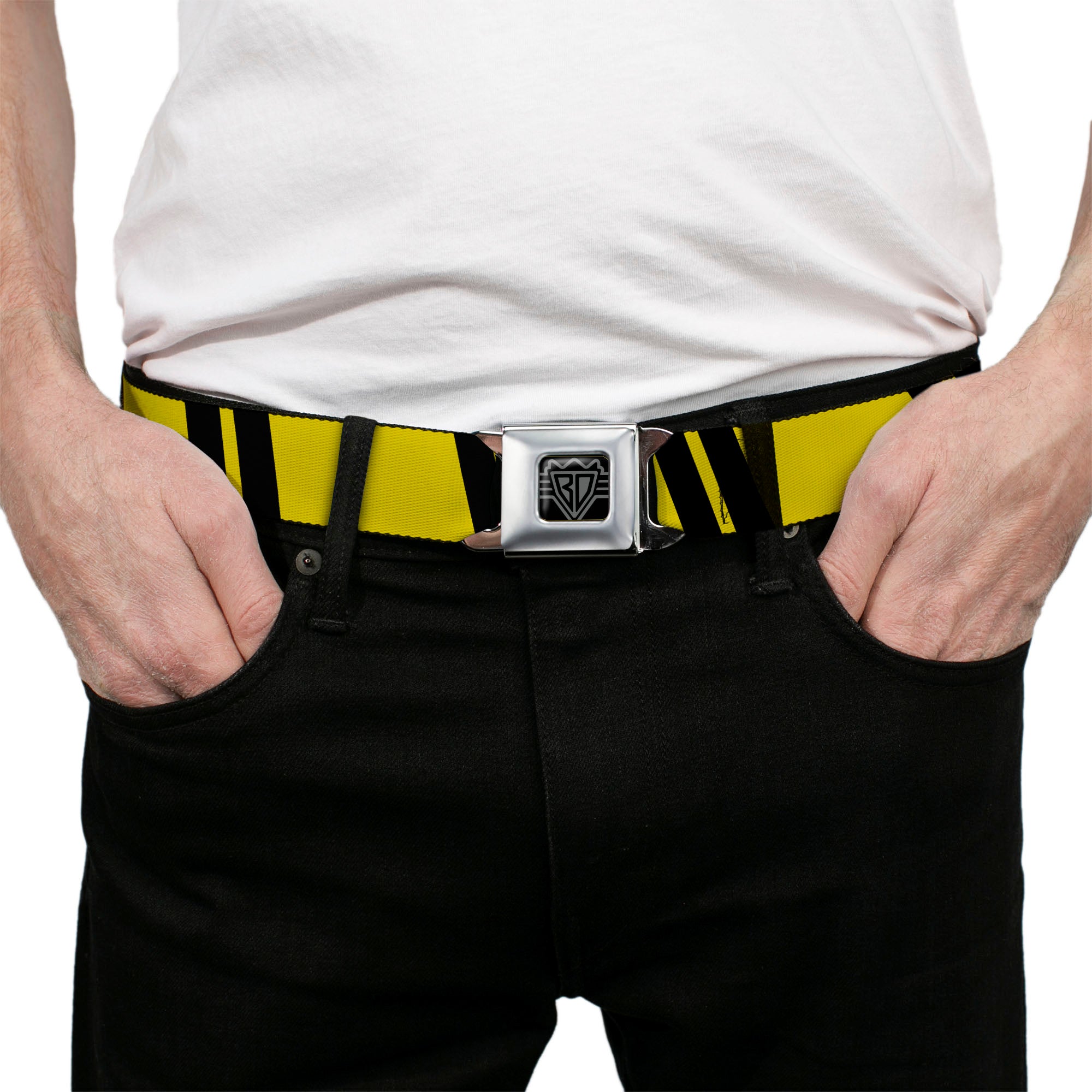 BD Wings Logo CLOSE-UP Black/Silver Seatbelt Belt - Hash Mark Stripe Double Gold/Black Webbing Seatbelt Belts Buckle-Down