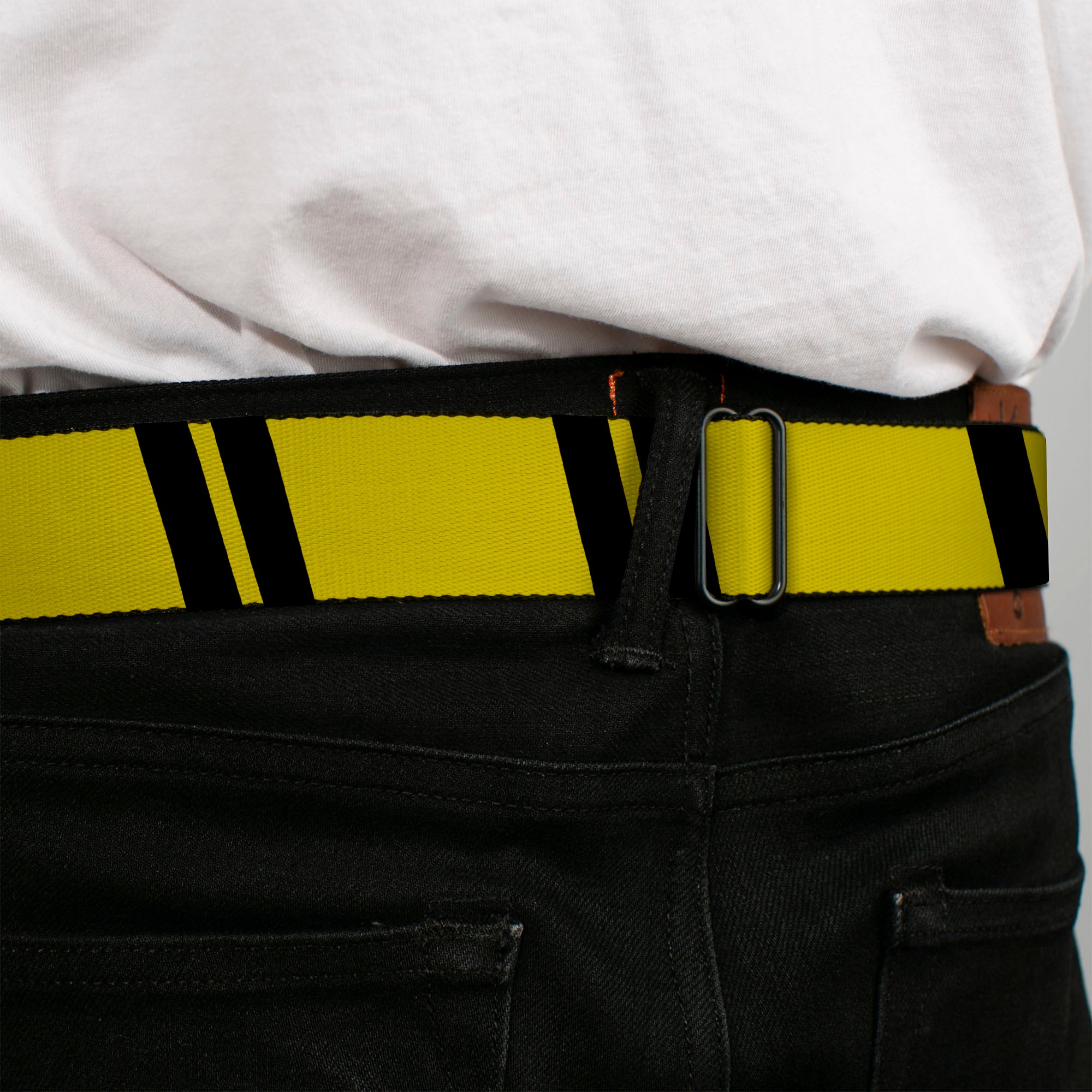 BD Wings Logo CLOSE-UP Black/Silver Seatbelt Belt - Hash Mark Stripe Double Gold/Black Webbing Seatbelt Belts Buckle-Down