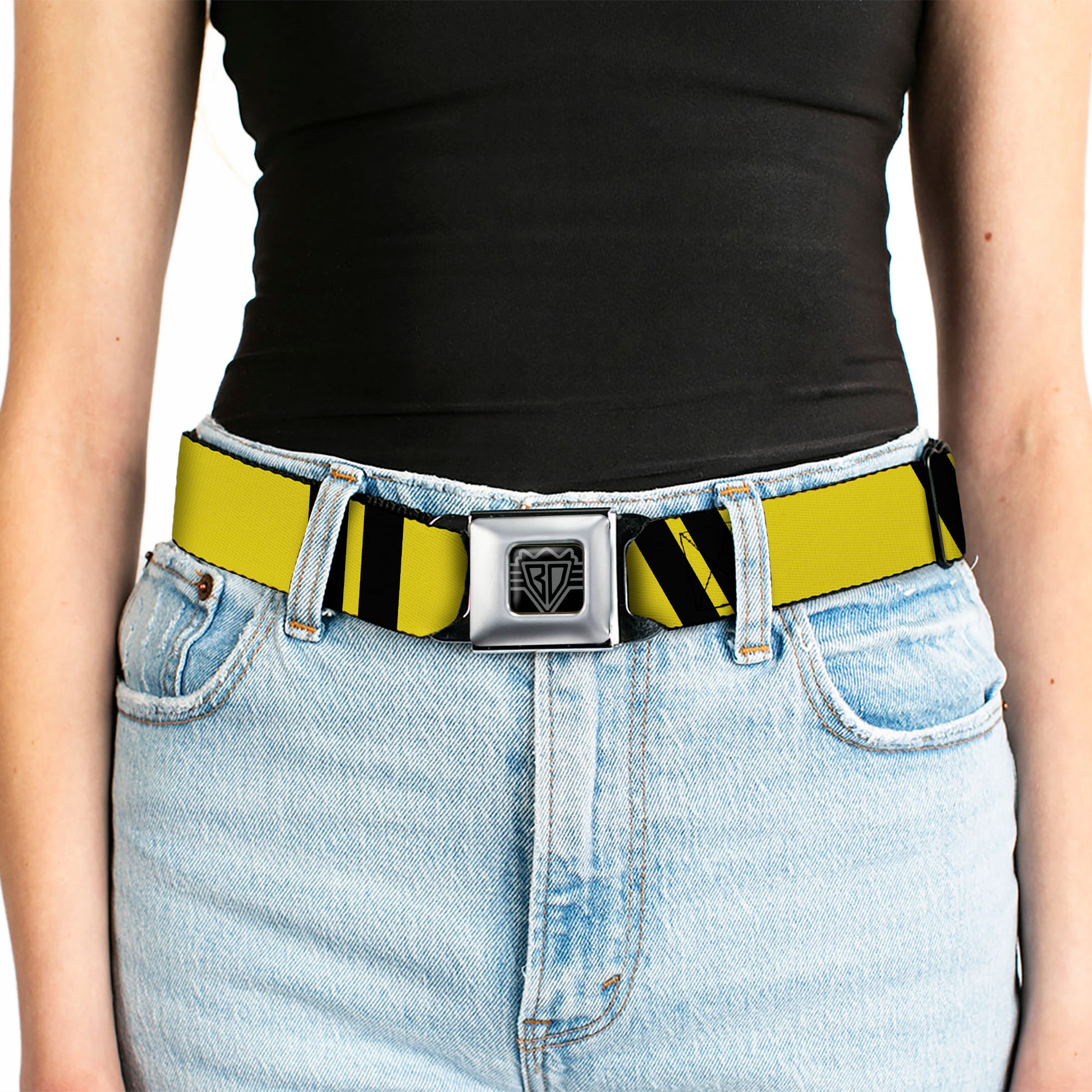 BD Wings Logo CLOSE-UP Black/Silver Seatbelt Belt - Hash Mark Stripe Double Gold/Black Webbing Seatbelt Belts Buckle-Down