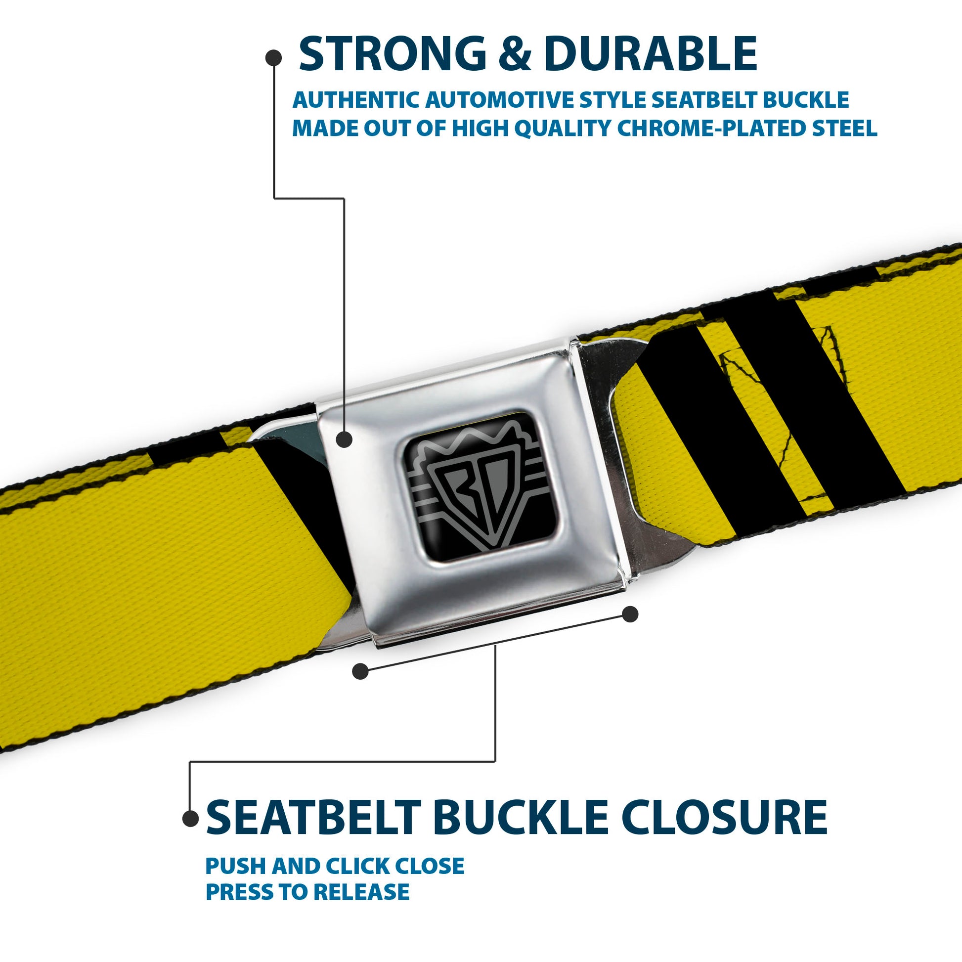 BD Wings Logo CLOSE-UP Black/Silver Seatbelt Belt - Hash Mark Stripe Double Gold/Black Webbing Seatbelt Belts Buckle-Down
