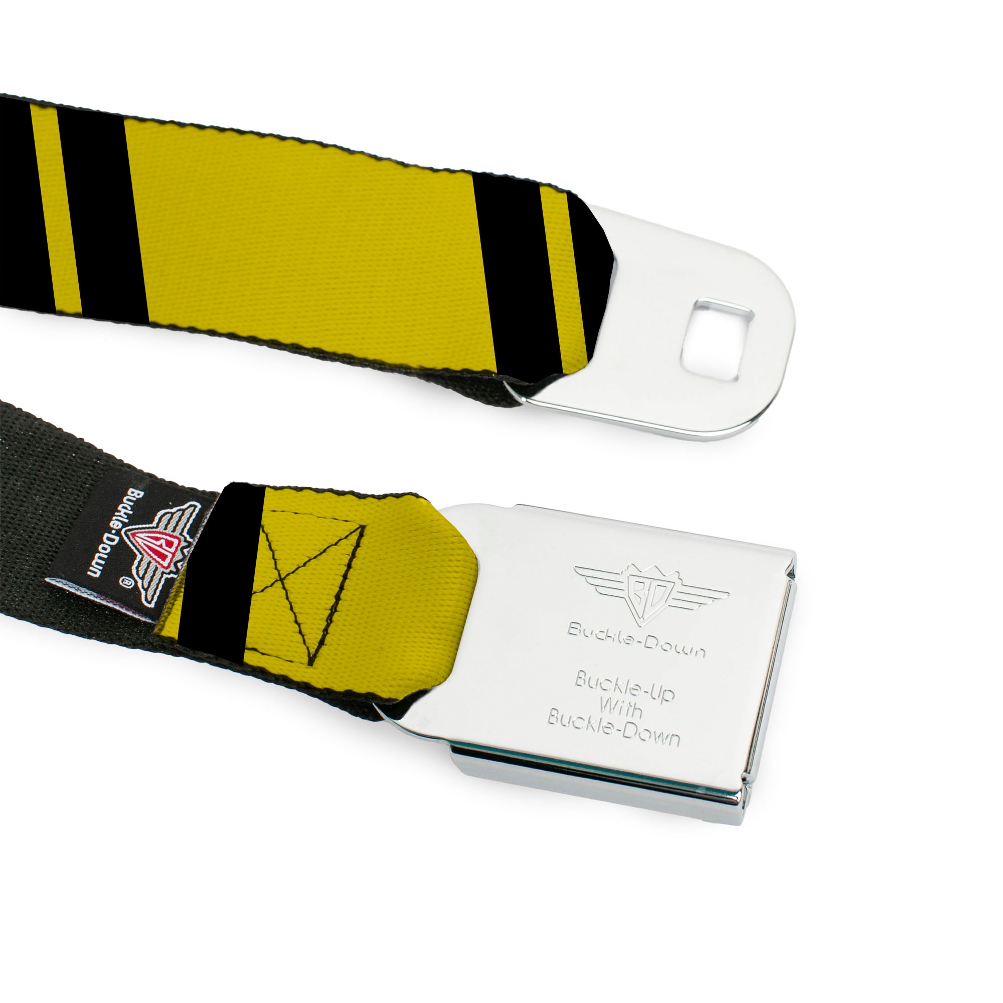 BD Wings Logo CLOSE-UP Black/Silver Seatbelt Belt - Hash Mark Stripe Double Gold/Black Webbing Seatbelt Belts Buckle-Down