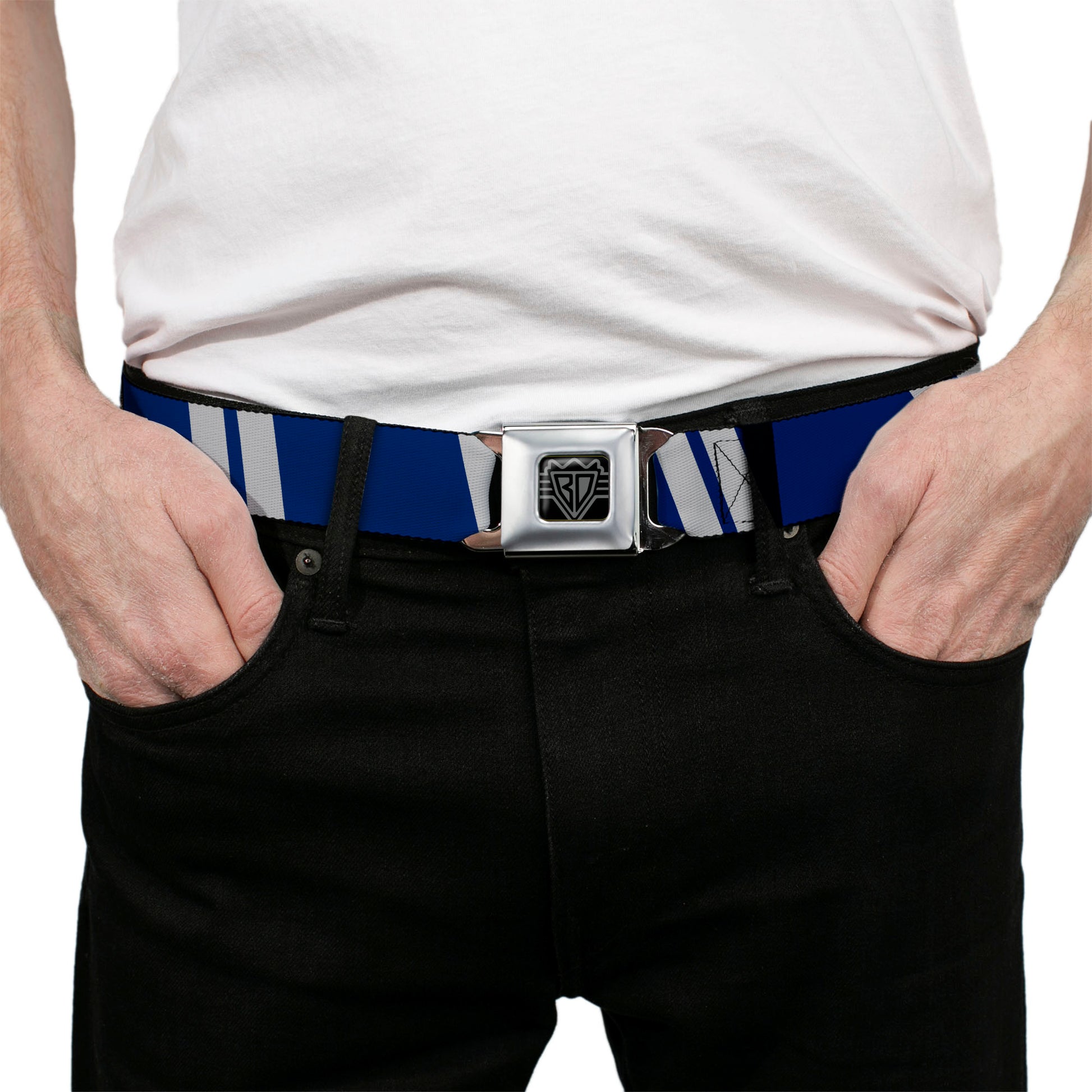 BD Wings Logo CLOSE-UP Black/Silver Seatbelt Belt - Hash Mark Stripe Double Navy/Silver Webbing Seatbelt Belts Buckle-Down