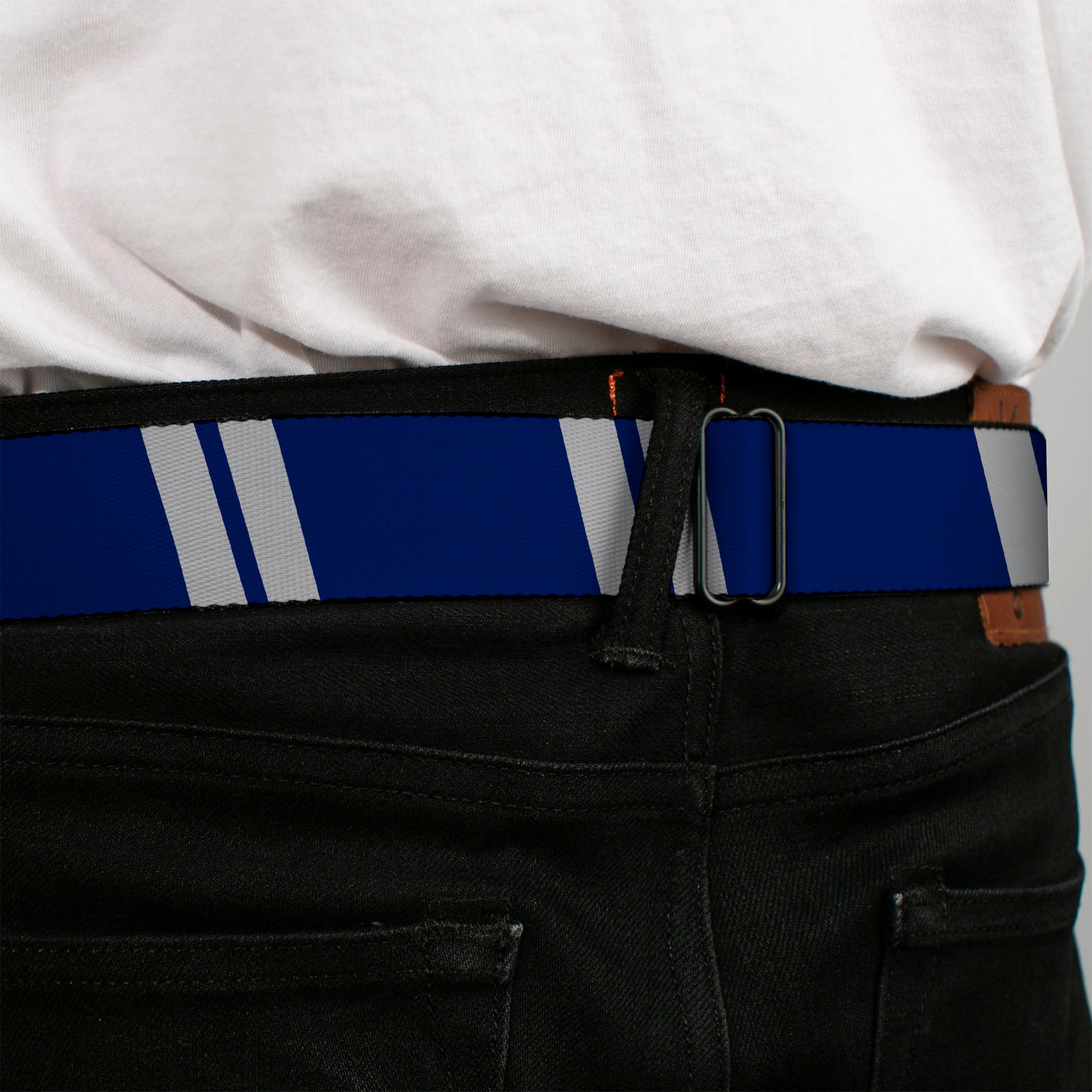 BD Wings Logo CLOSE-UP Black/Silver Seatbelt Belt - Hash Mark Stripe Double Navy/Silver Webbing Seatbelt Belts Buckle-Down