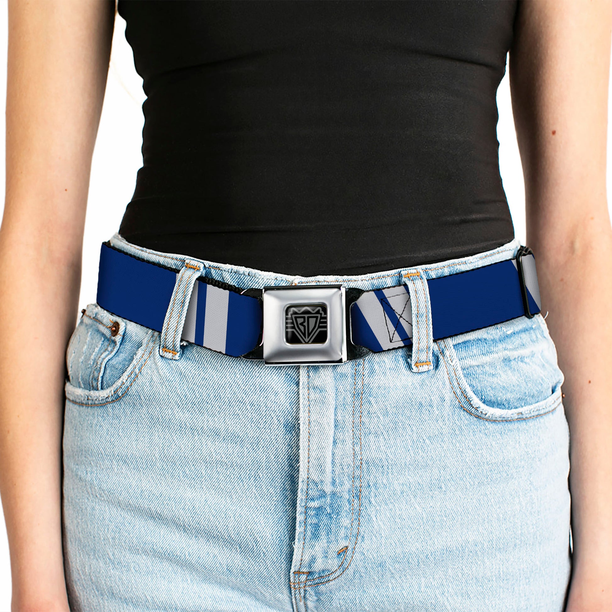 BD Wings Logo CLOSE-UP Black/Silver Seatbelt Belt - Hash Mark Stripe Double Navy/Silver Webbing Seatbelt Belts Buckle-Down