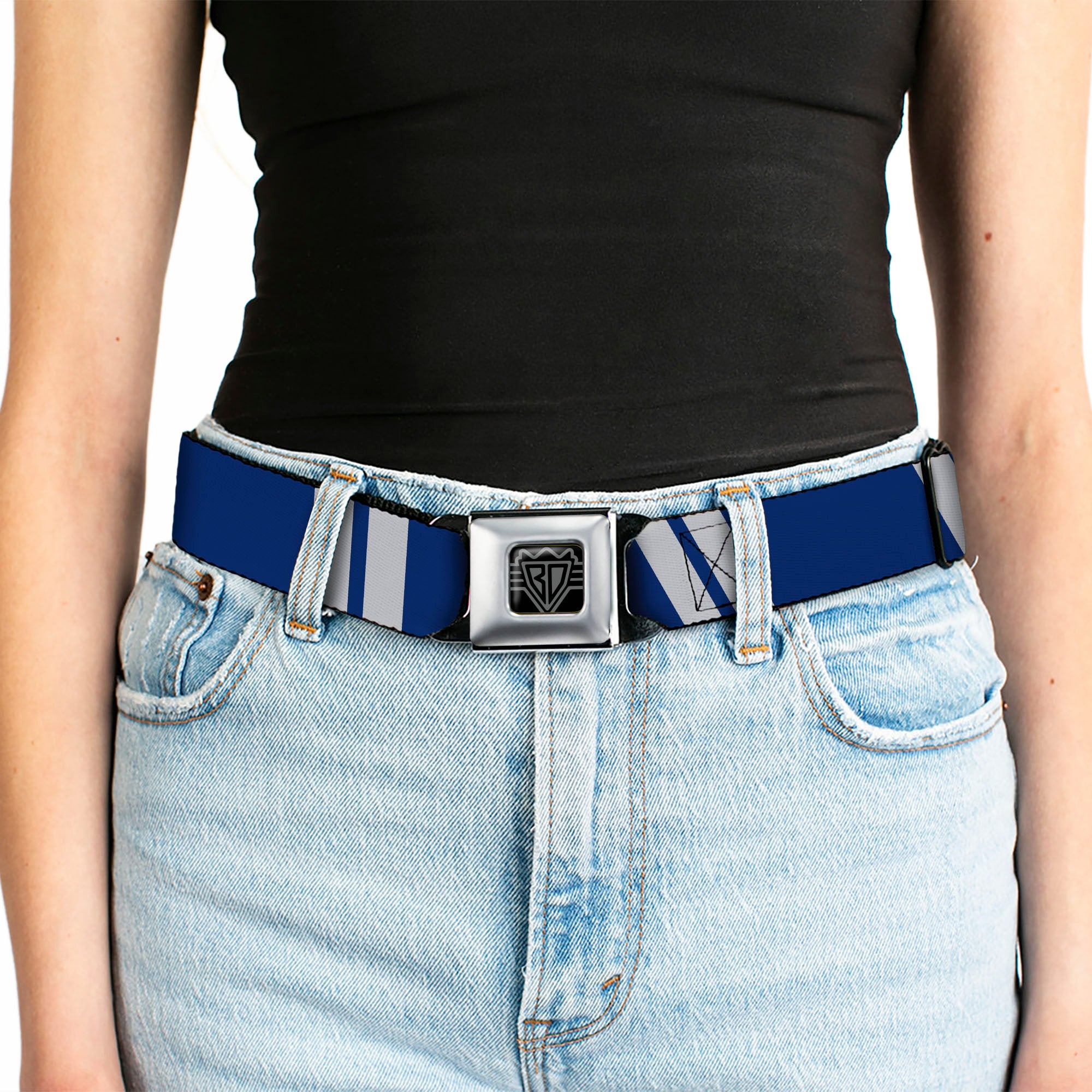BD Wings Logo CLOSE-UP Black/Silver Seatbelt Belt - Hash Mark Stripe Double Navy/Silver Webbing Seatbelt Belts Buckle-Down
