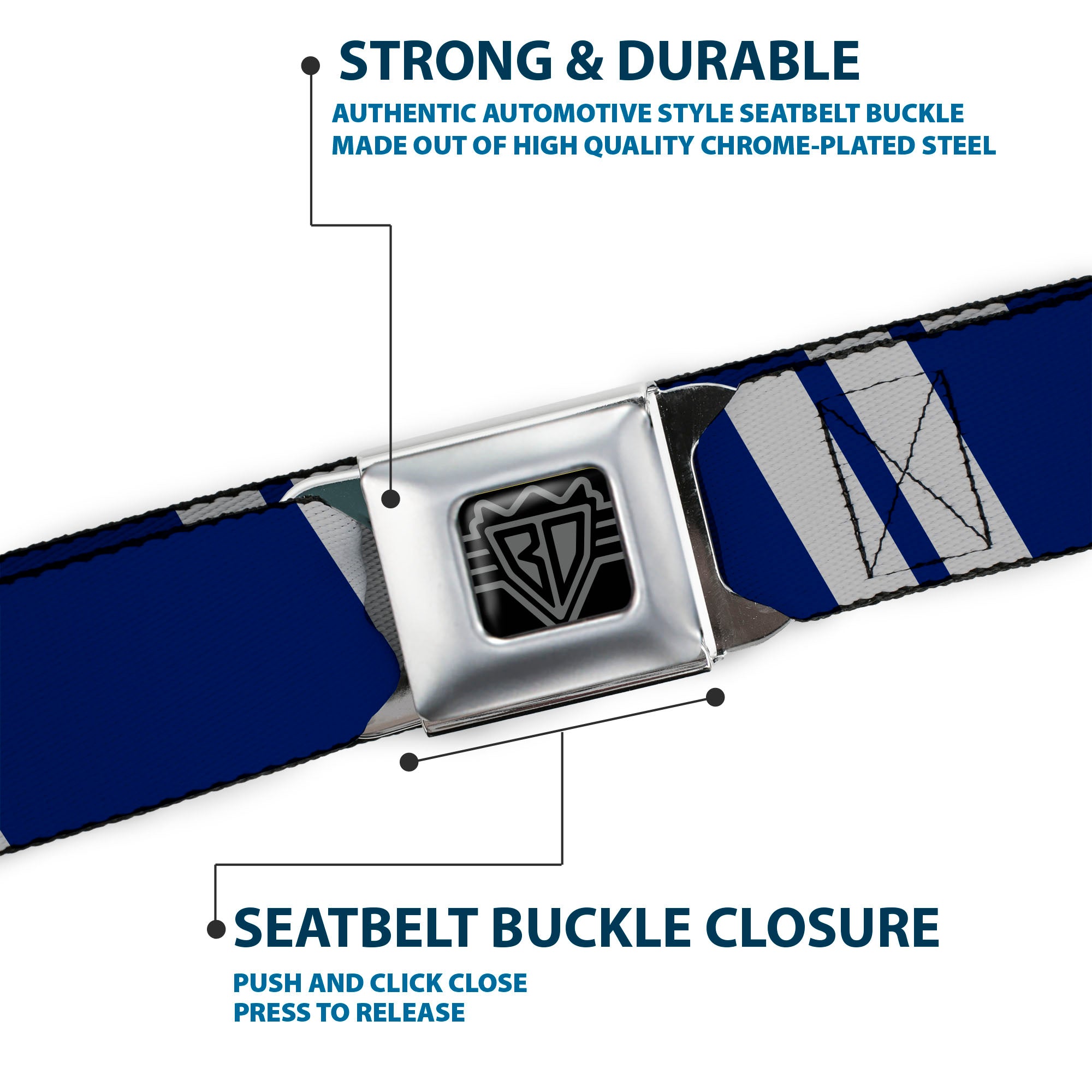 BD Wings Logo CLOSE-UP Black/Silver Seatbelt Belt - Hash Mark Stripe Double Navy/Silver Webbing Seatbelt Belts Buckle-Down
