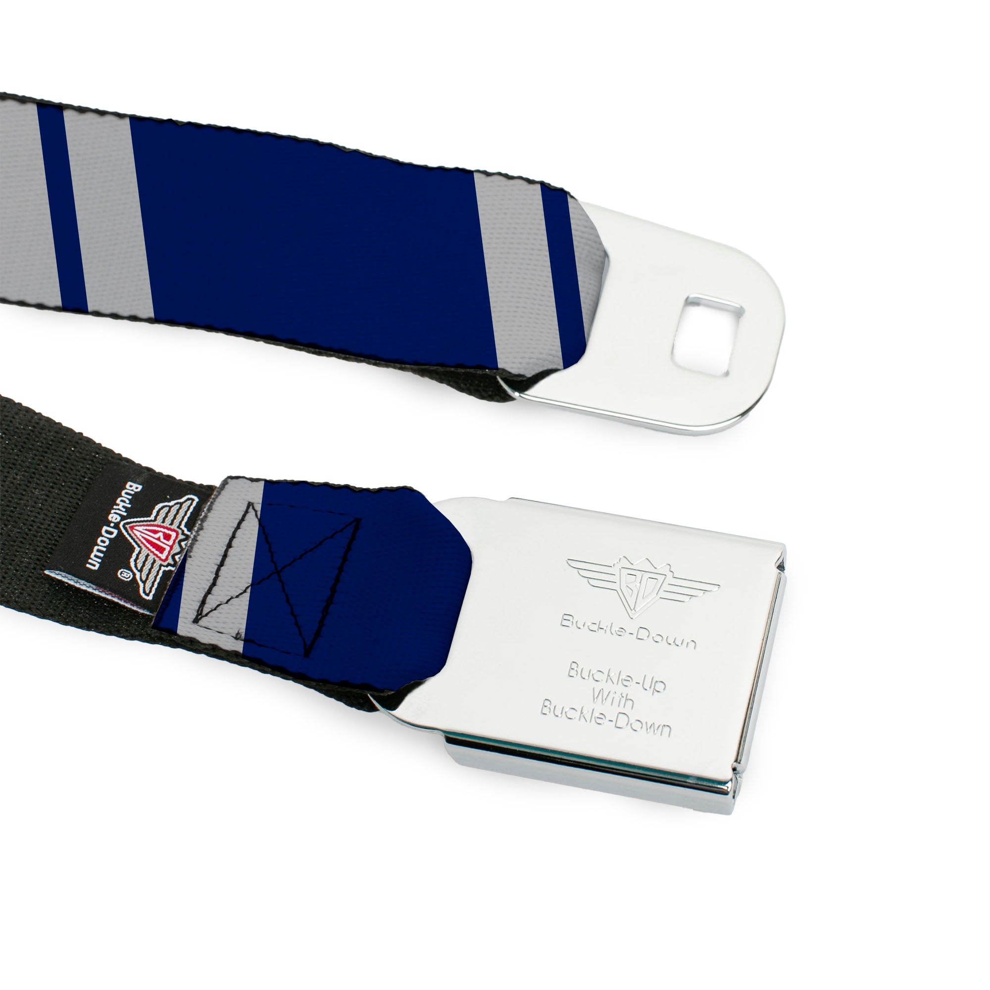 BD Wings Logo CLOSE-UP Black/Silver Seatbelt Belt - Hash Mark Stripe Double Navy/Silver Webbing Seatbelt Belts Buckle-Down