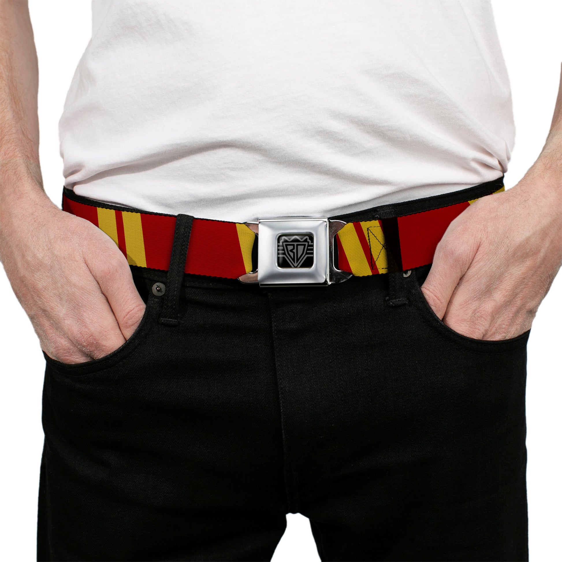 BD Wings Logo CLOSE-UP Black/Silver Seatbelt Belt - Hash Mark Stripe Double Maroon/Gold Webbing Seatbelt Belts Buckle-Down