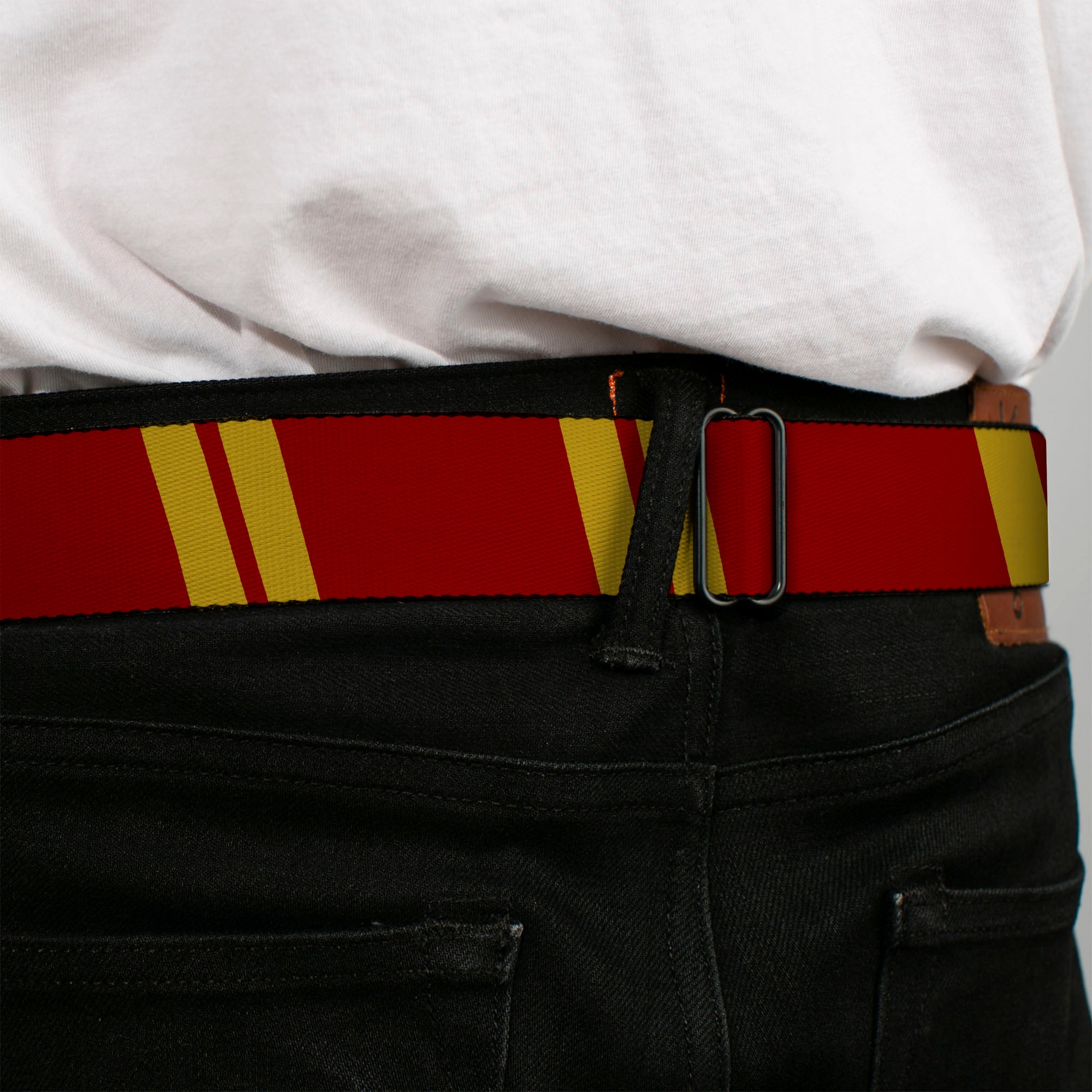 BD Wings Logo CLOSE-UP Black/Silver Seatbelt Belt - Hash Mark Stripe Double Maroon/Gold Webbing Seatbelt Belts Buckle-Down
