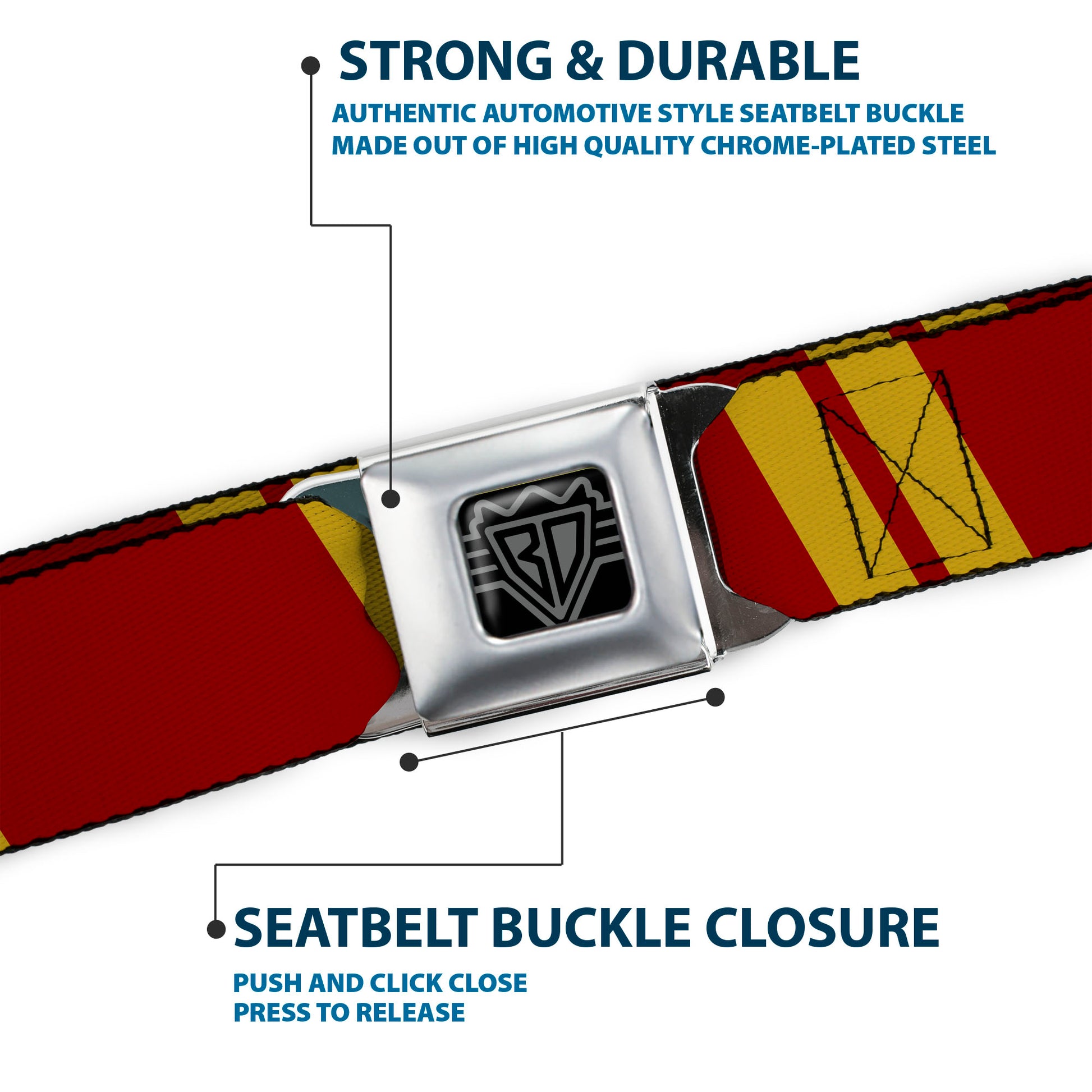 BD Wings Logo CLOSE-UP Black/Silver Seatbelt Belt - Hash Mark Stripe Double Maroon/Gold Webbing Seatbelt Belts Buckle-Down